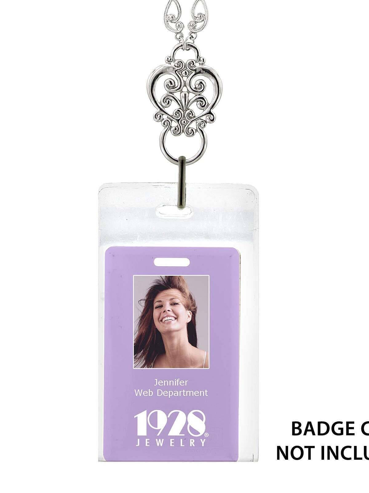 1928 Jewelry Heart Filigree Badge & Eyeglass Holder Chain Necklace 28"