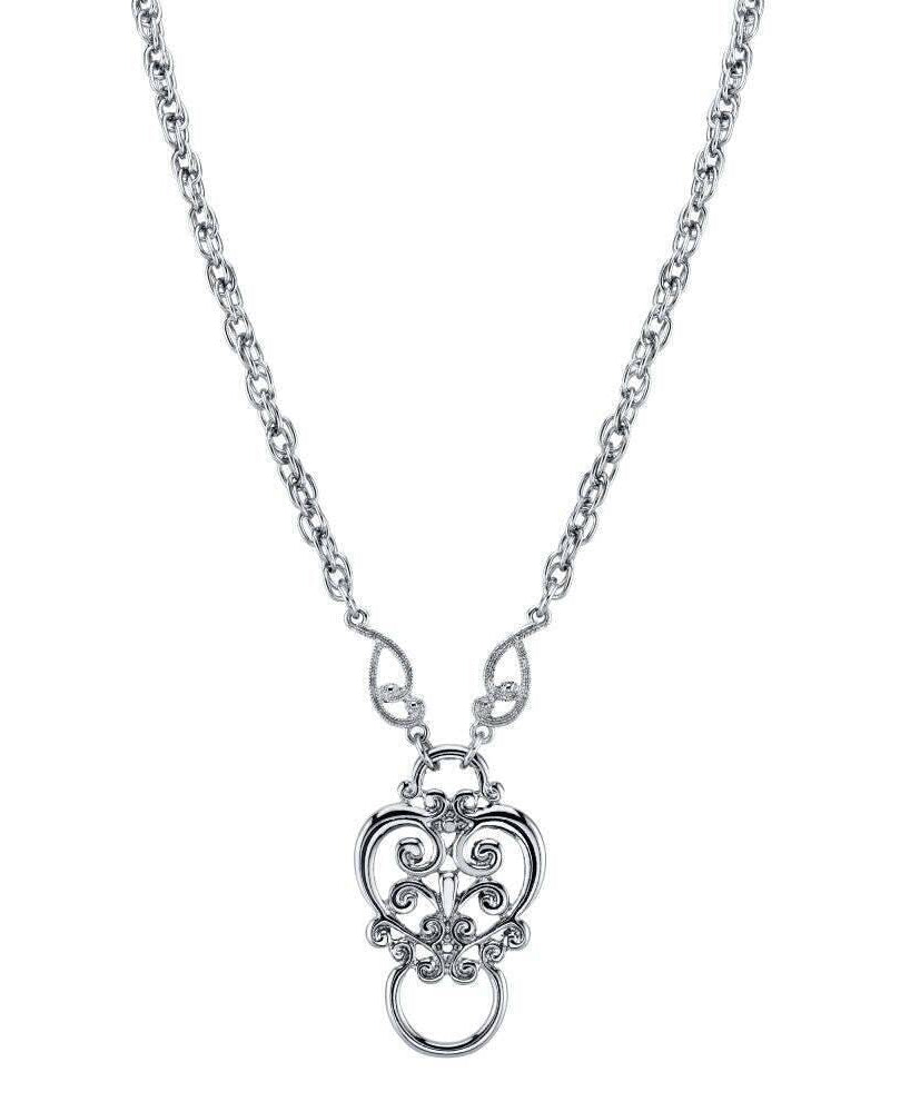 1928 Jewelry Heart Filigree Badge & Eyeglass Holder Chain Necklace 28"