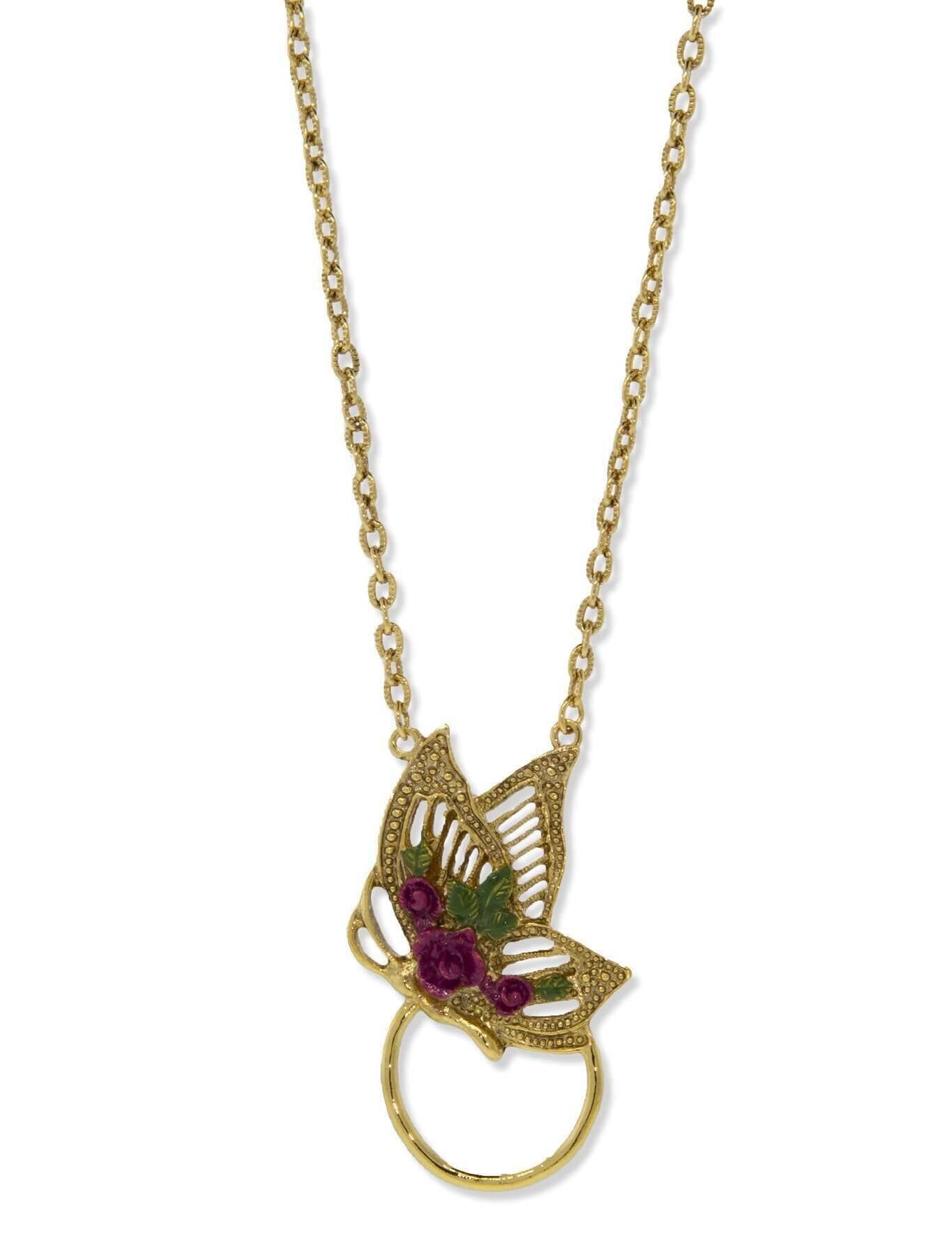 1928 Jewelry Floral Enamel Butterfly Badge & Eyeglass Holder Chain Necklace 28"