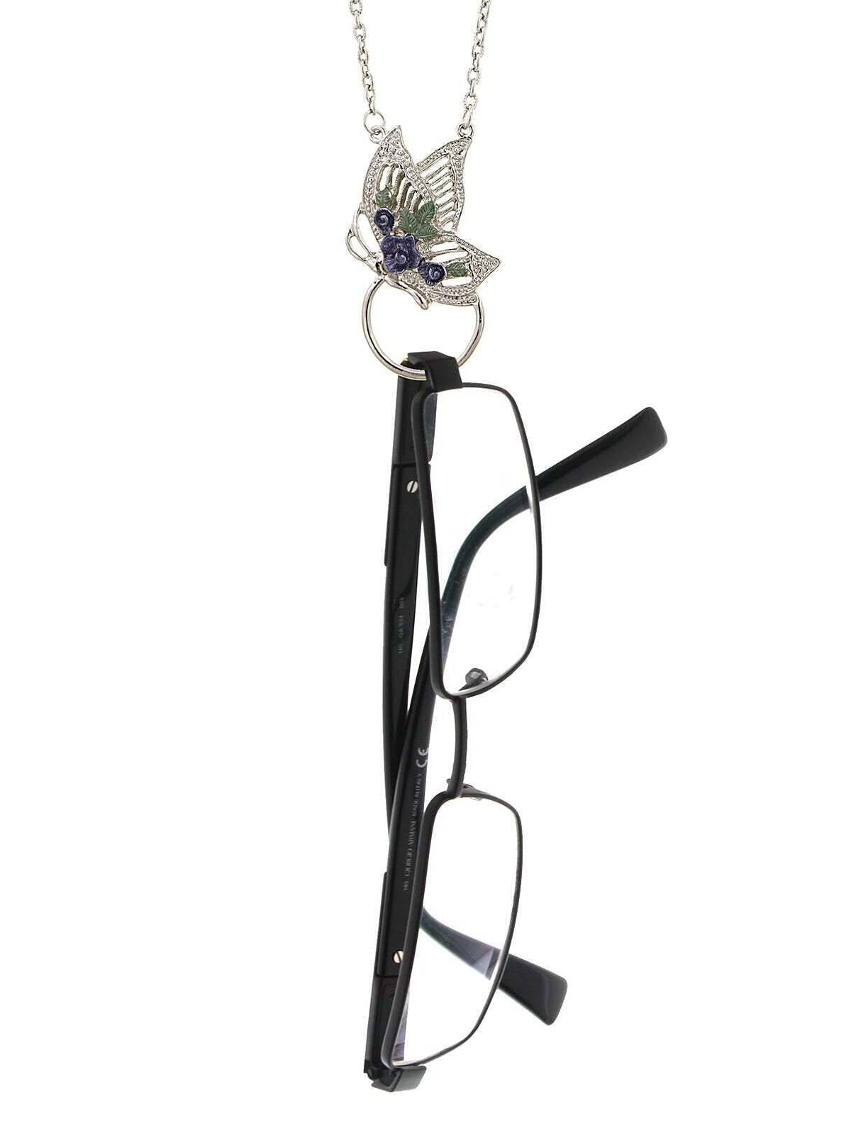 1928 Jewelry Floral Enamel Butterfly Badge & Eyeglass Holder Chain Necklace 28"