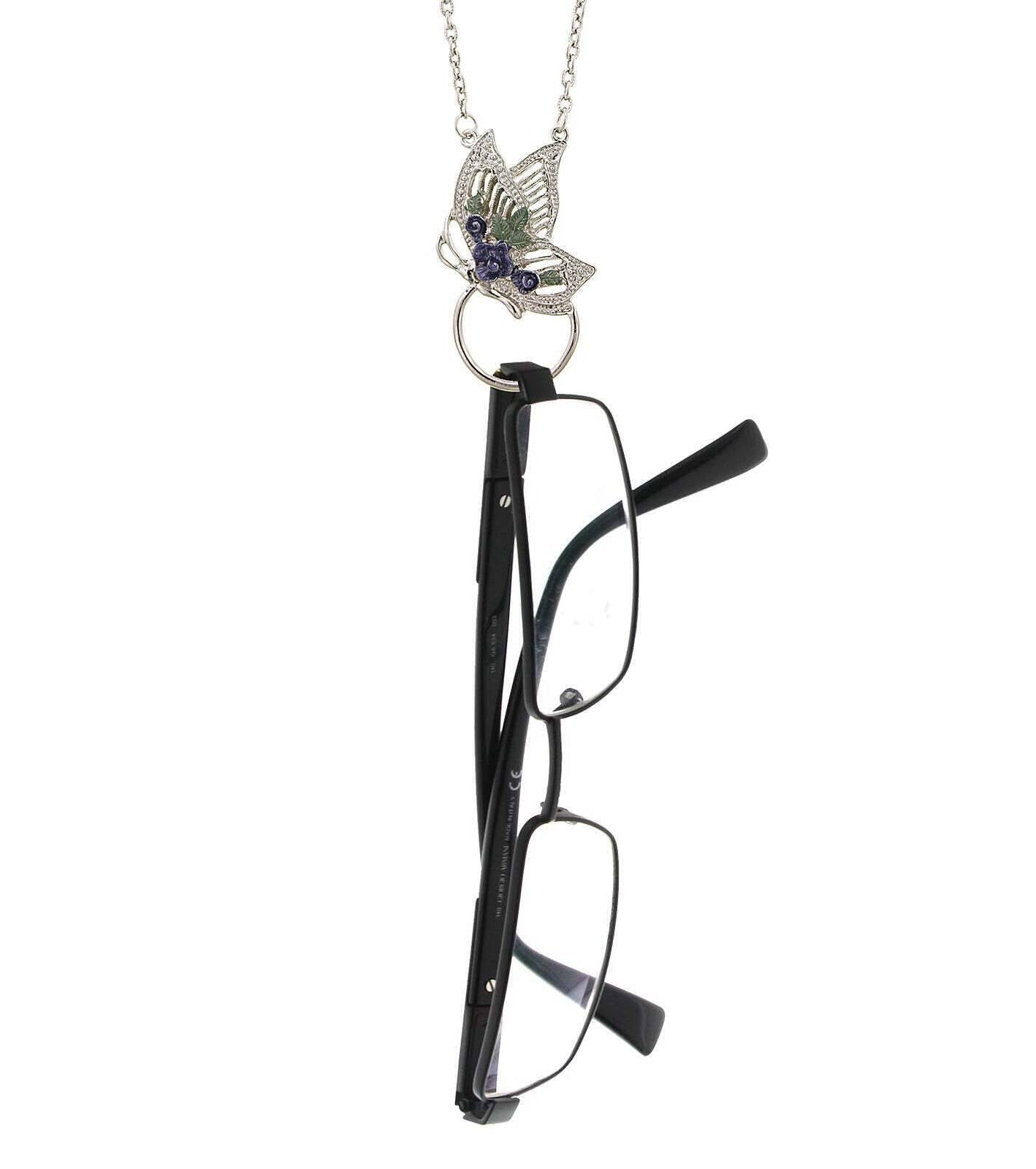 1928 Jewelry Floral Enamel Butterfly Badge & Eyeglass Holder Chain Necklace 28"