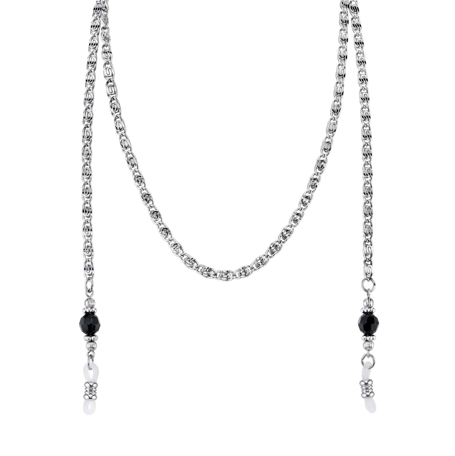 1928 Jewelry Scroll Chain Black Bead Eyeglass Holder Chain Necklace 30"