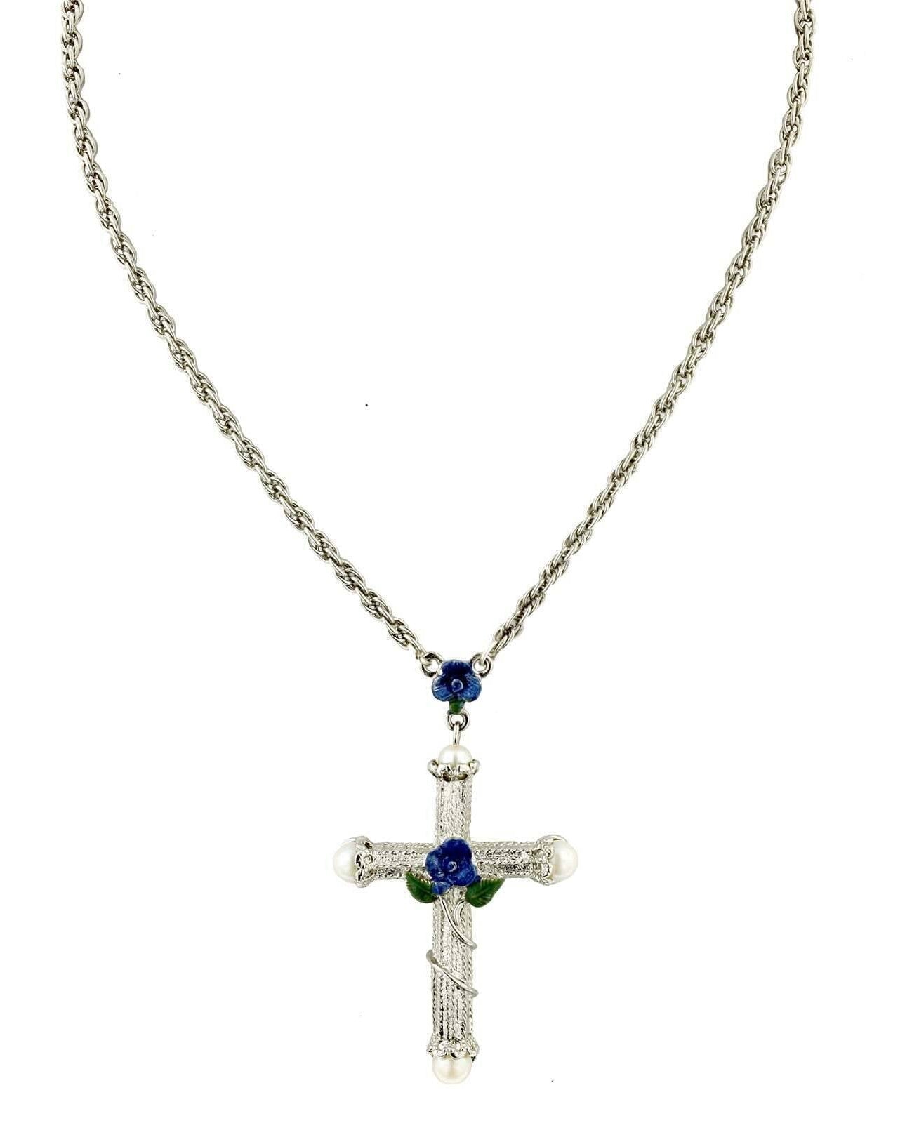 1928 Jewelry Blue Rose Enamel Cross Pendant Necklace 30"