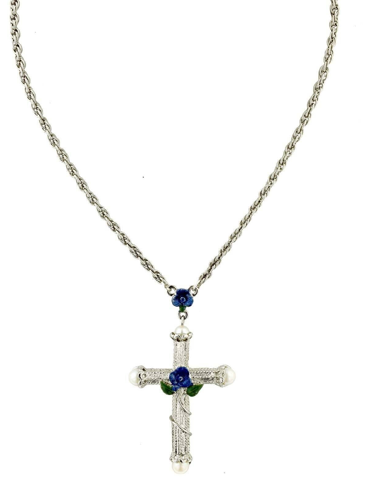 1928 Jewelry Blue Rose Enamel Cross Pendant Necklace 30"