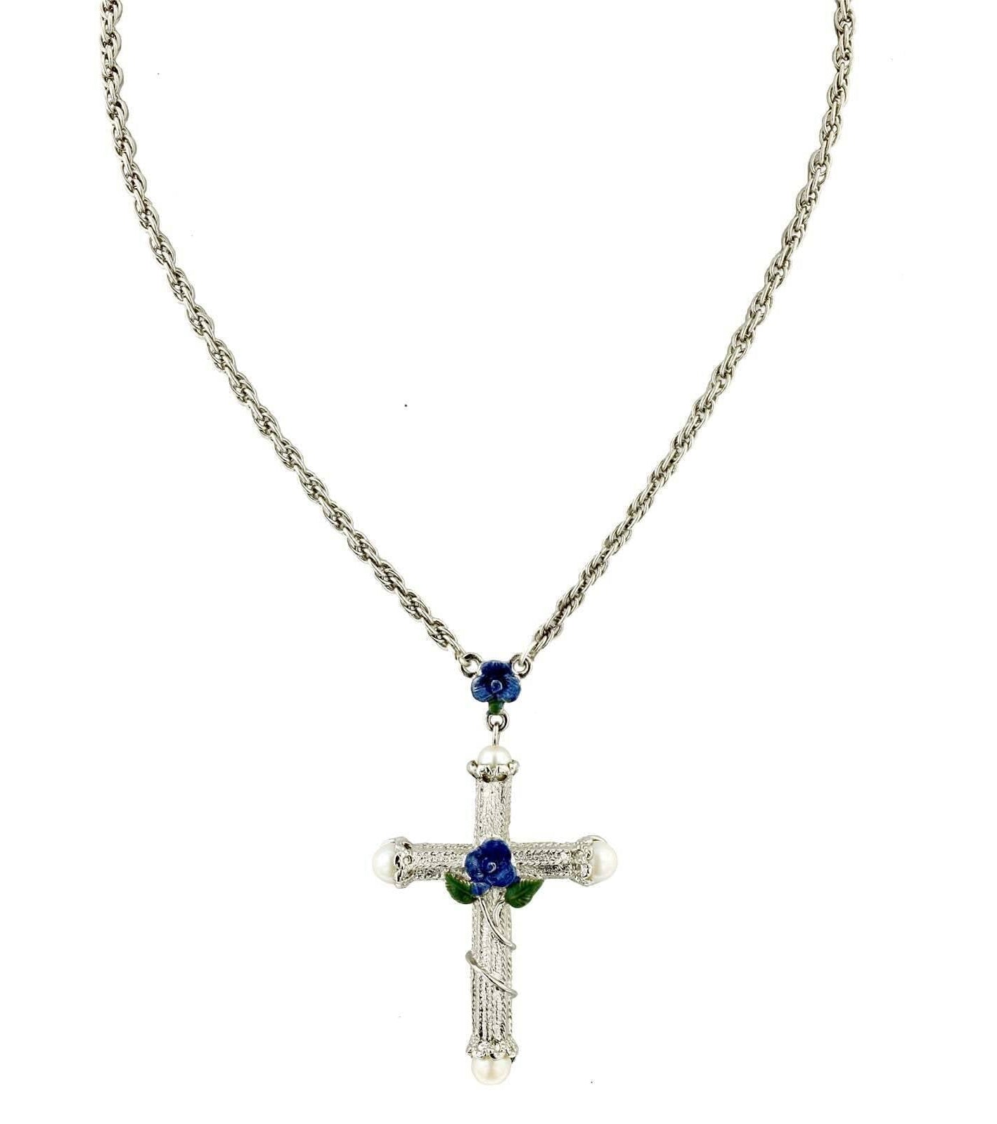 1928 Jewelry Blue Rose Enamel Cross Pendant Necklace 30"