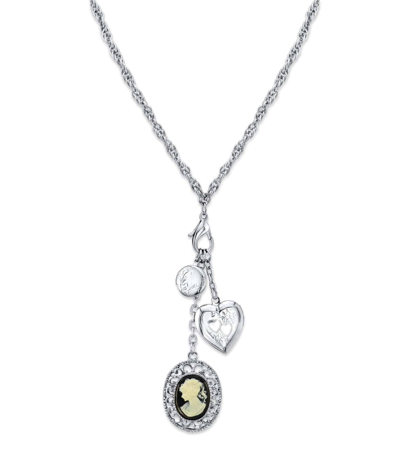 1928 Jewelry Heart And Black Oval Cameo Charm Pendant Necklace 26"