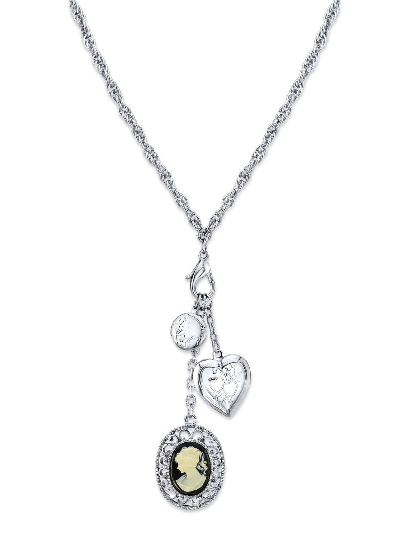 1928 Jewelry Heart And Black Oval Cameo Charm Pendant Necklace 26"