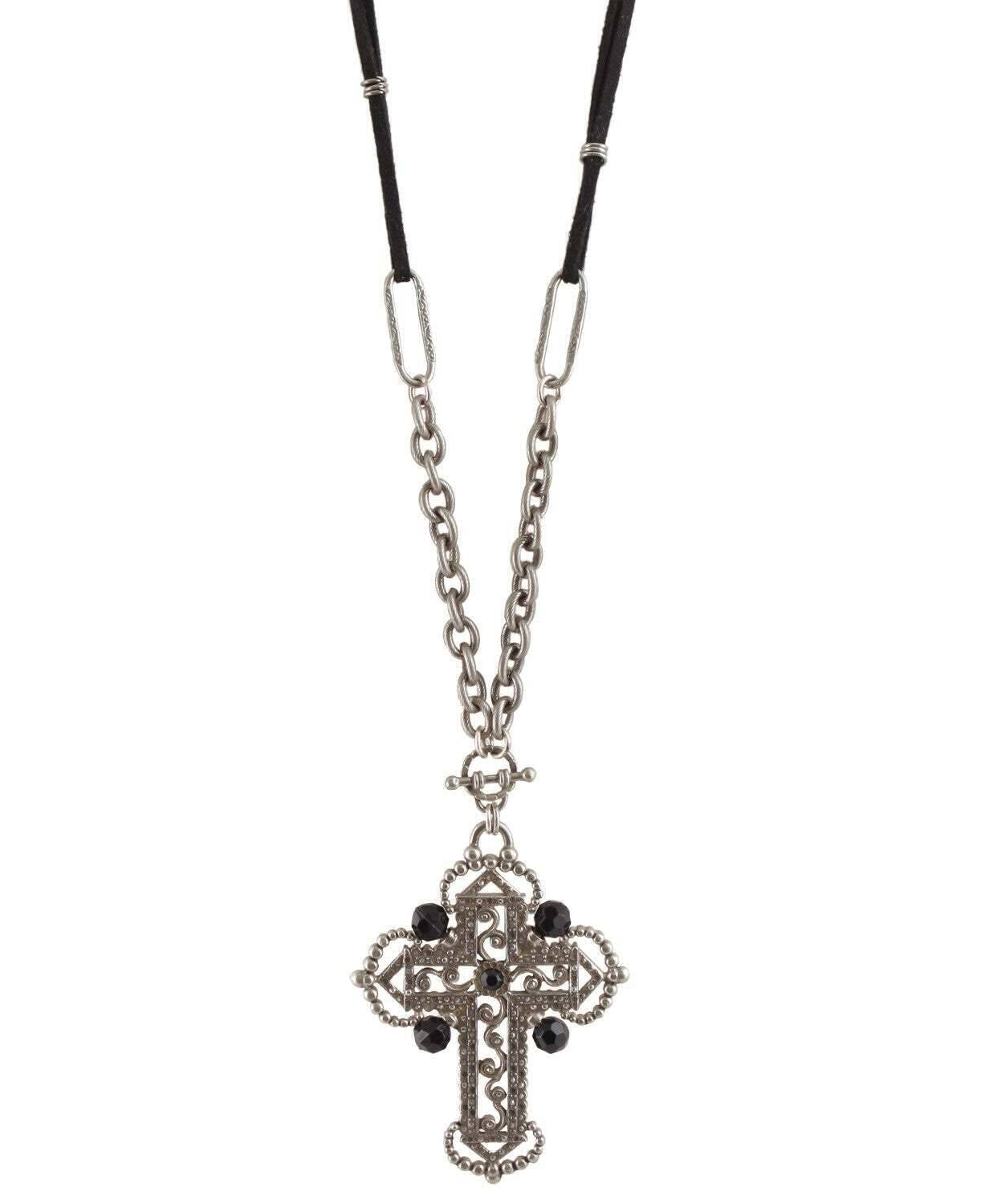 1928 Jewelry Black Bead Ornate Cross Pendant Necklace 30"