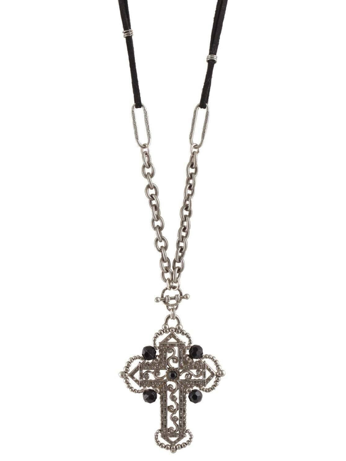 1928 Jewelry Black Bead Ornate Cross Pendant Necklace 30"