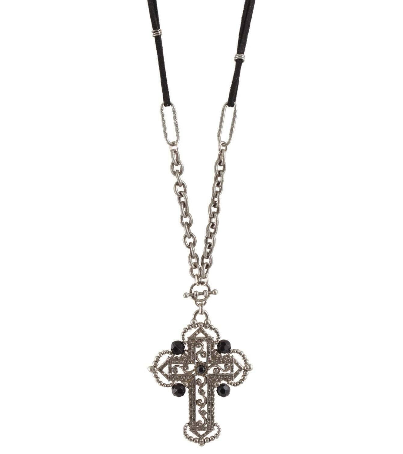 1928 Jewelry Black Bead Ornate Cross Pendant Necklace 30"