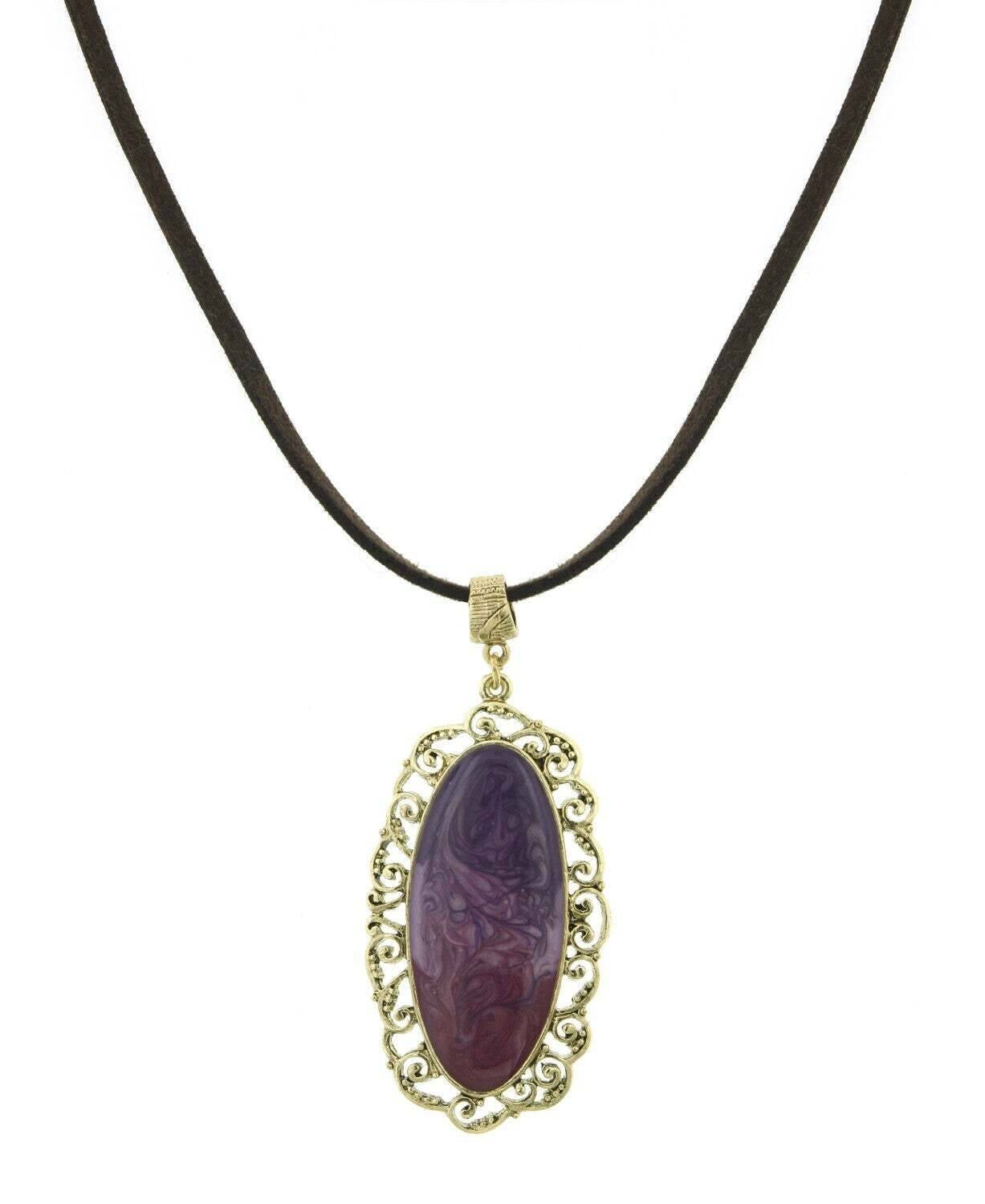 1928 Jewelry Bourges Filigree Amethyst Purple Enamel Antiqued Pendant Brown Faux Suede Necklace 30"