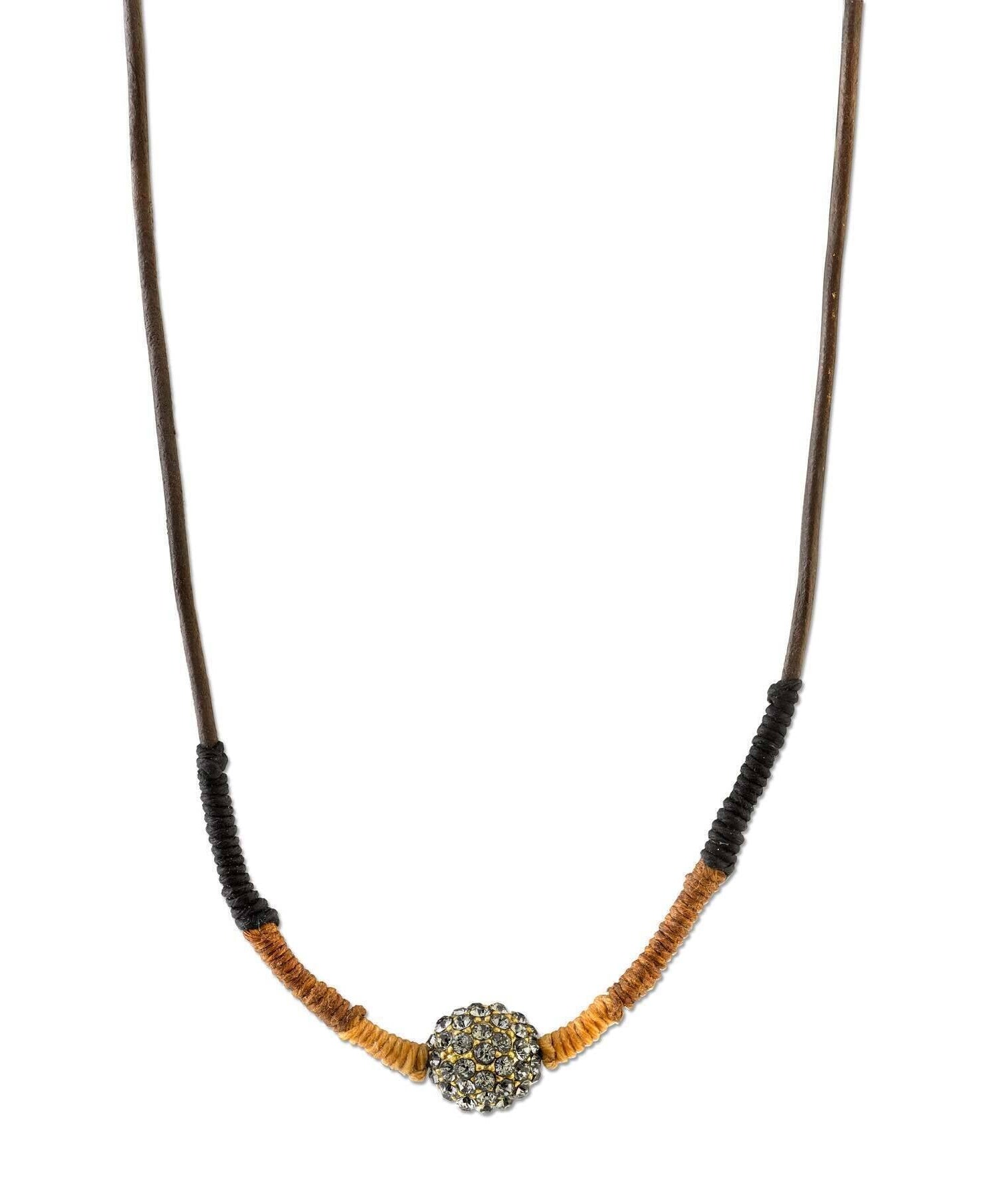 T.R.U. Black Diamond Fireball Crystal Brown Leather Cord Linen Wrapped Necklace 28"
