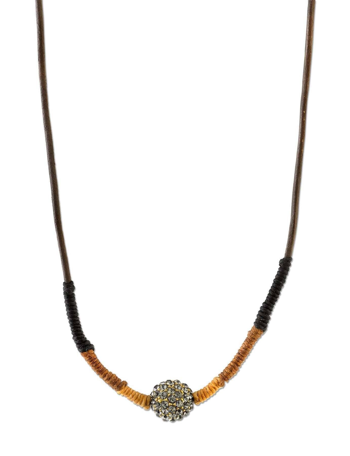 T.R.U. Black Diamond Fireball Crystal Brown Leather Cord Linen Wrapped Necklace 28"