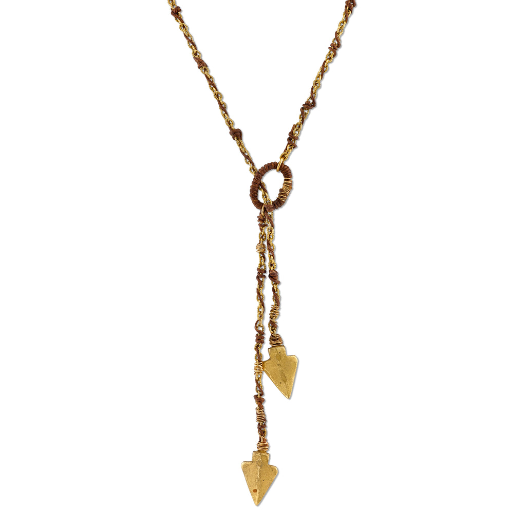 Matte 14K Gold Dipped Double Arrowhead Wrapped Lariat Necklace 42 In