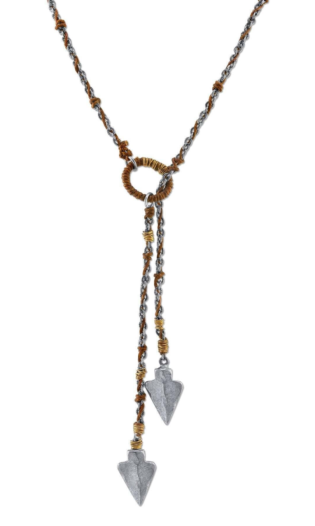 T.R.U. Pewter-Tone Double Arrowhead Waxed Linen Wrapped Lariat Necklace 42"