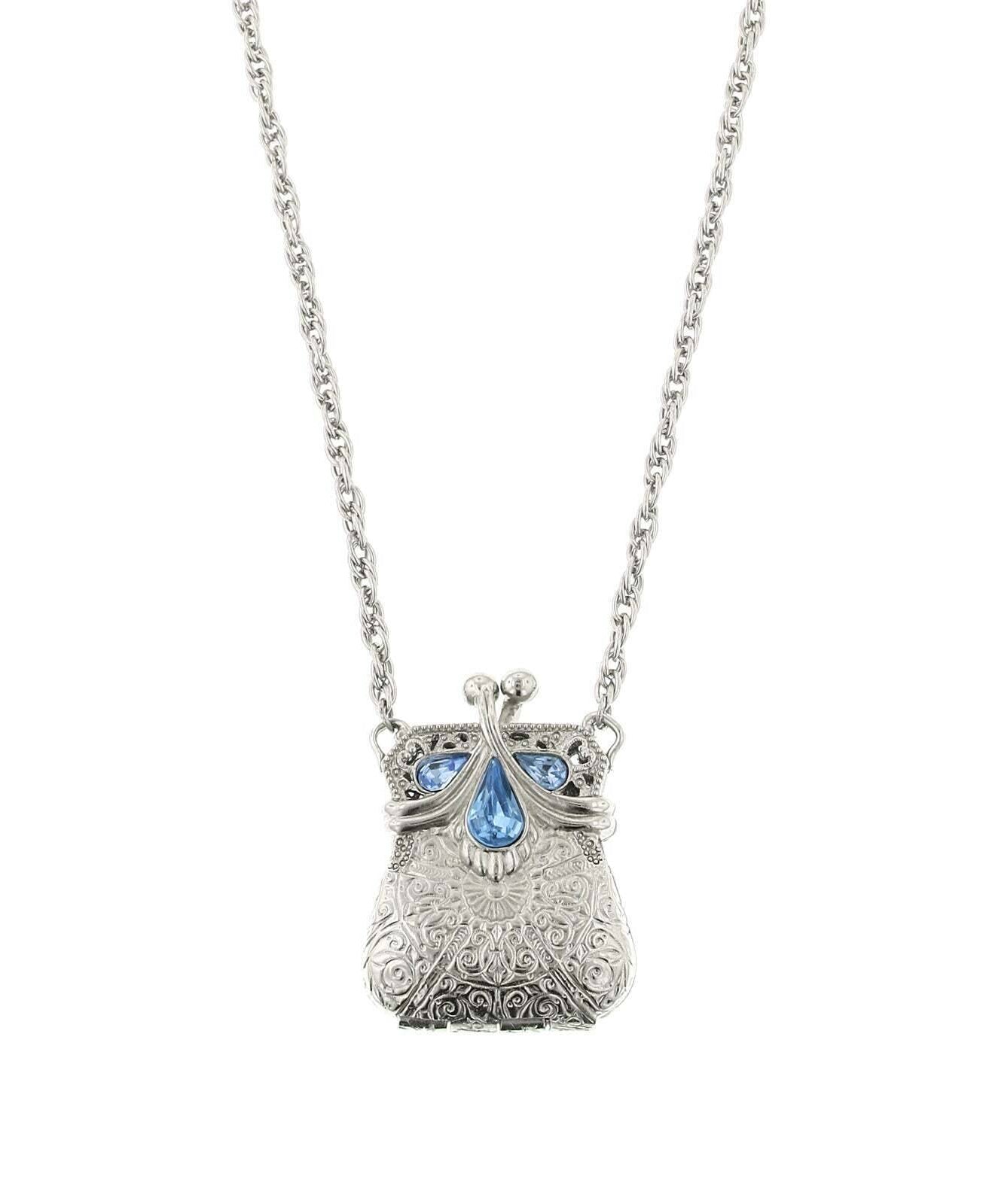 1928 Jewelry Coin Purse Light Sapphire Blue Locket Necklace 32"