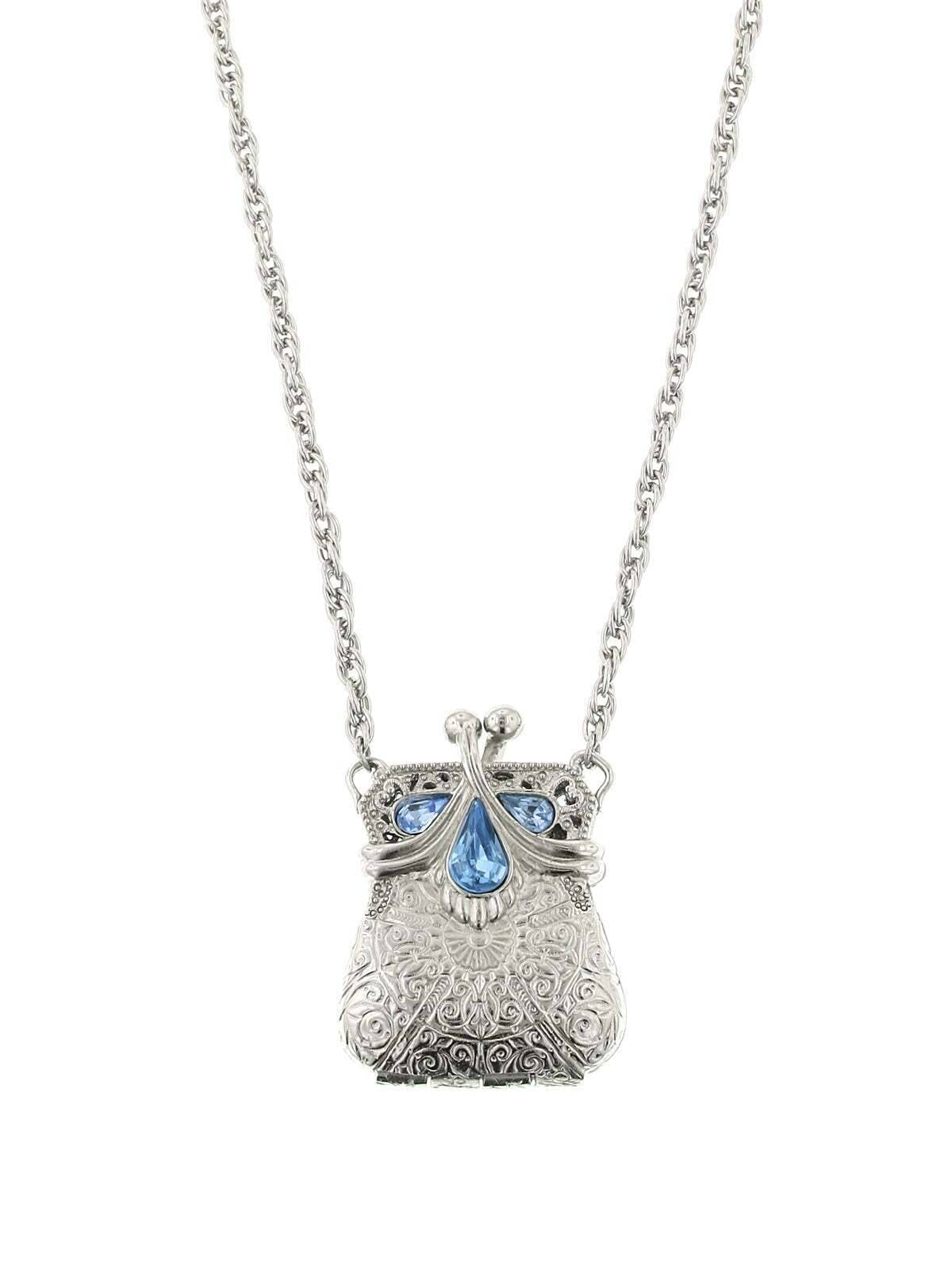 1928 Jewelry Coin Purse Light Sapphire Blue Locket Necklace 32"