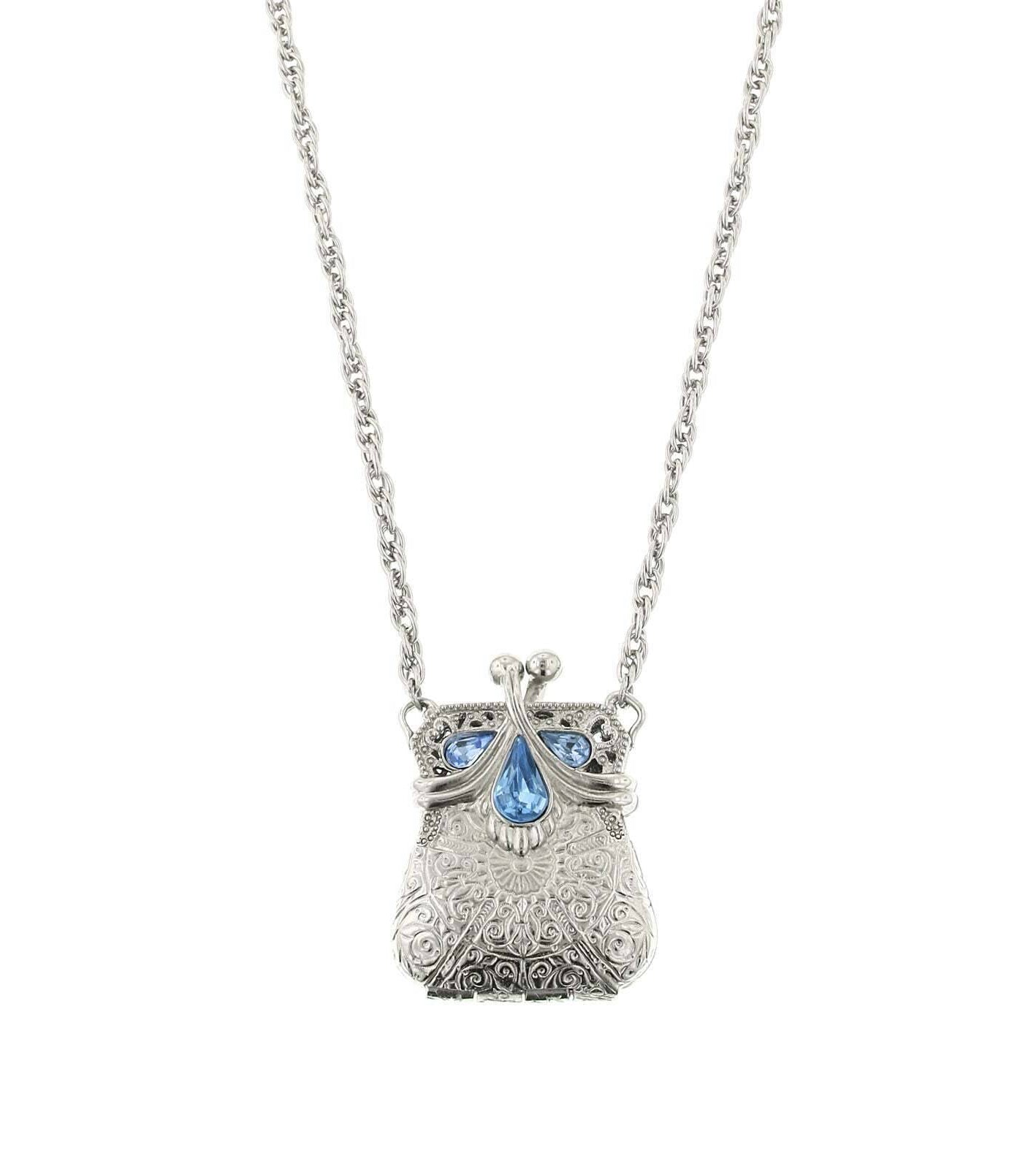 1928 Jewelry Coin Purse Light Sapphire Blue Locket Necklace 32"