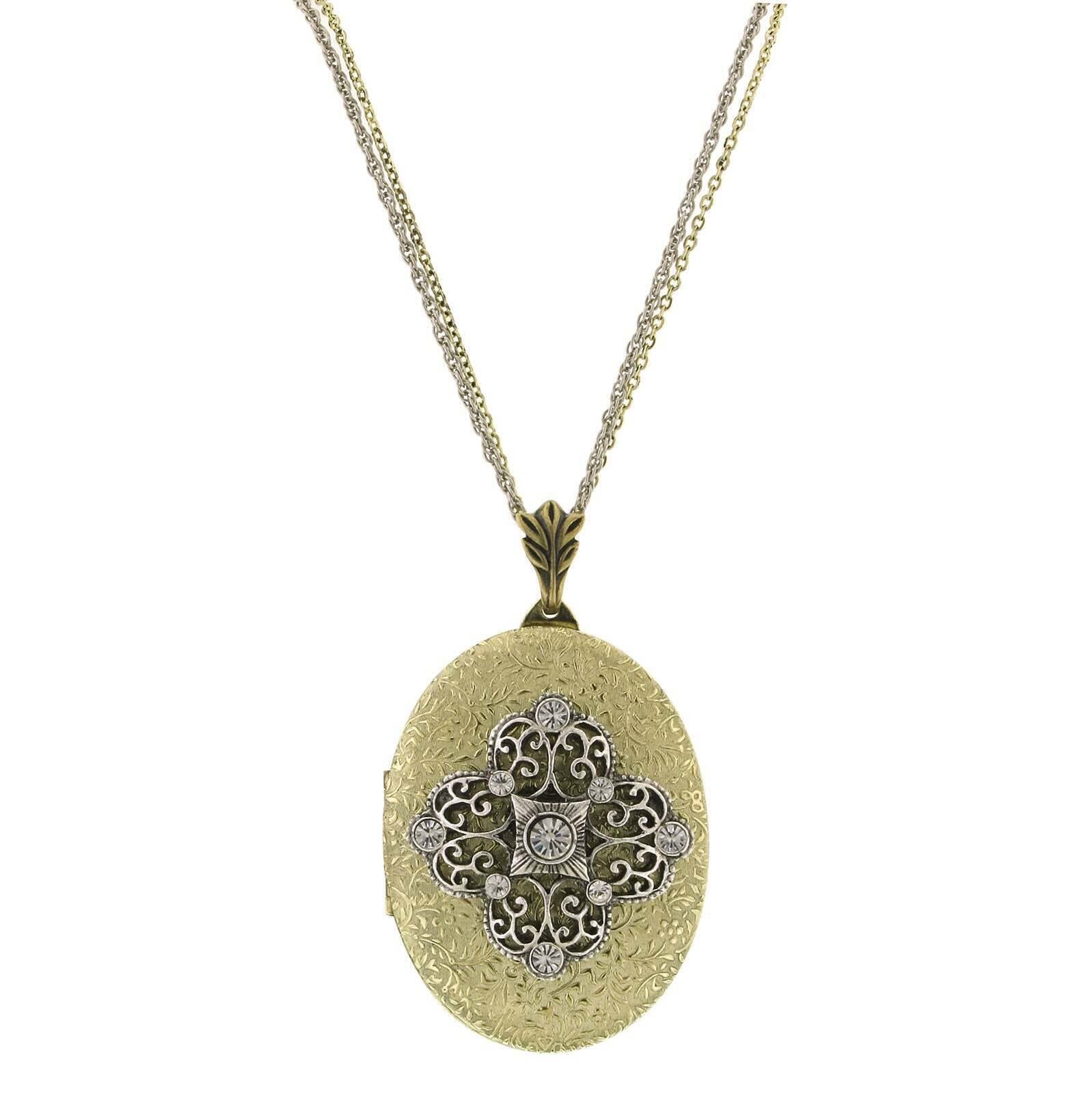 1928 Jewelry Crystal Filigree Locket Necklace 32"