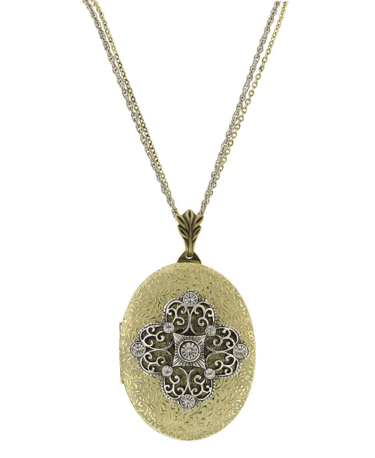 1928 Jewelry Crystal Filigree Locket Necklace 32"