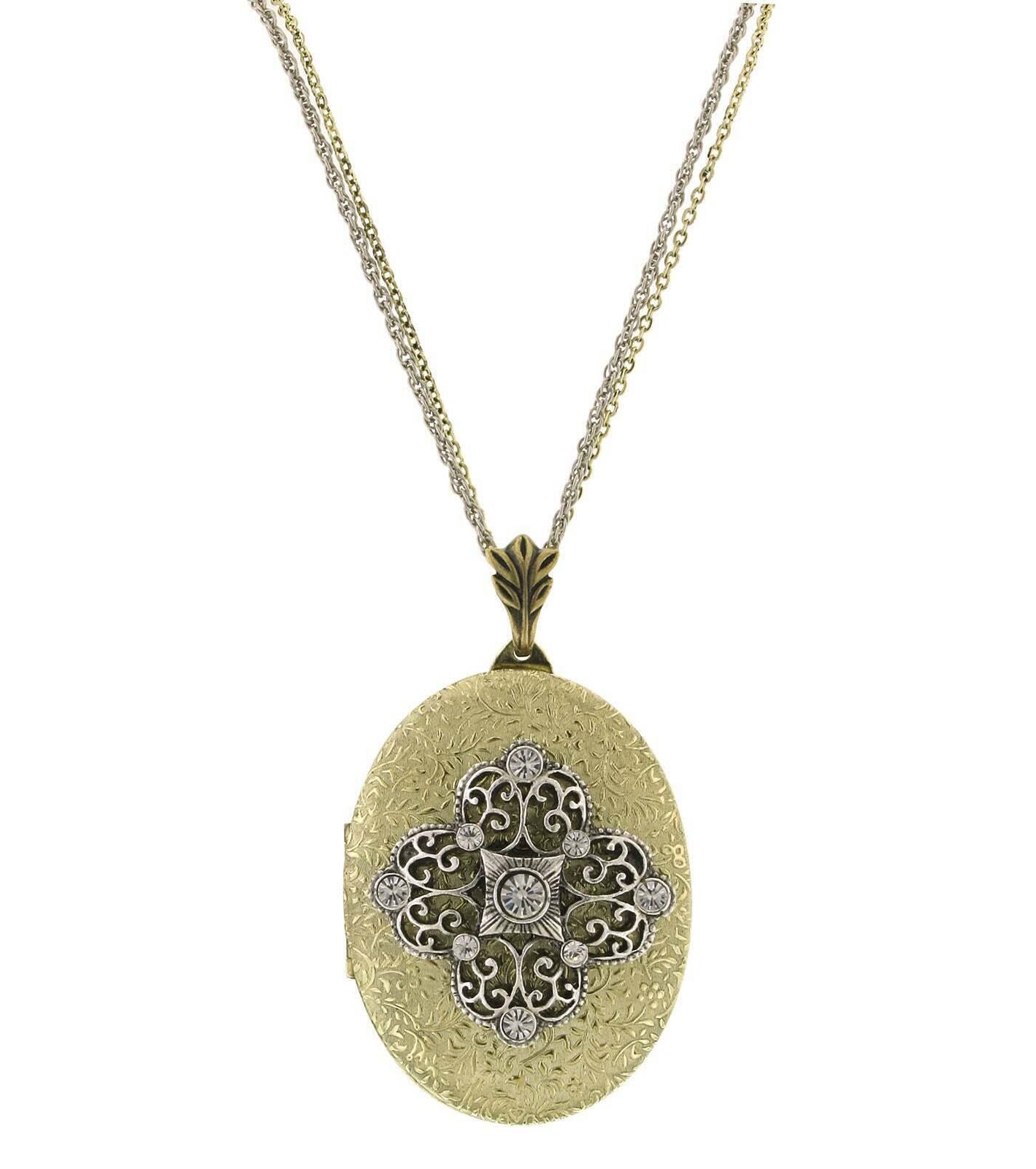 1928 Jewelry Crystal Filigree Locket Necklace 32"