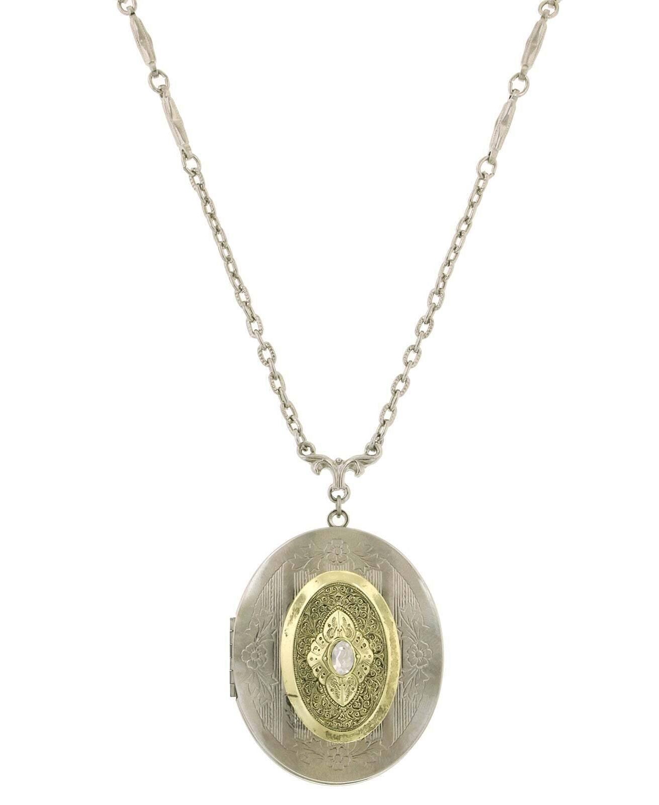 1928 Jewelry Oval Floral & Crystal Locket Necklace 32"