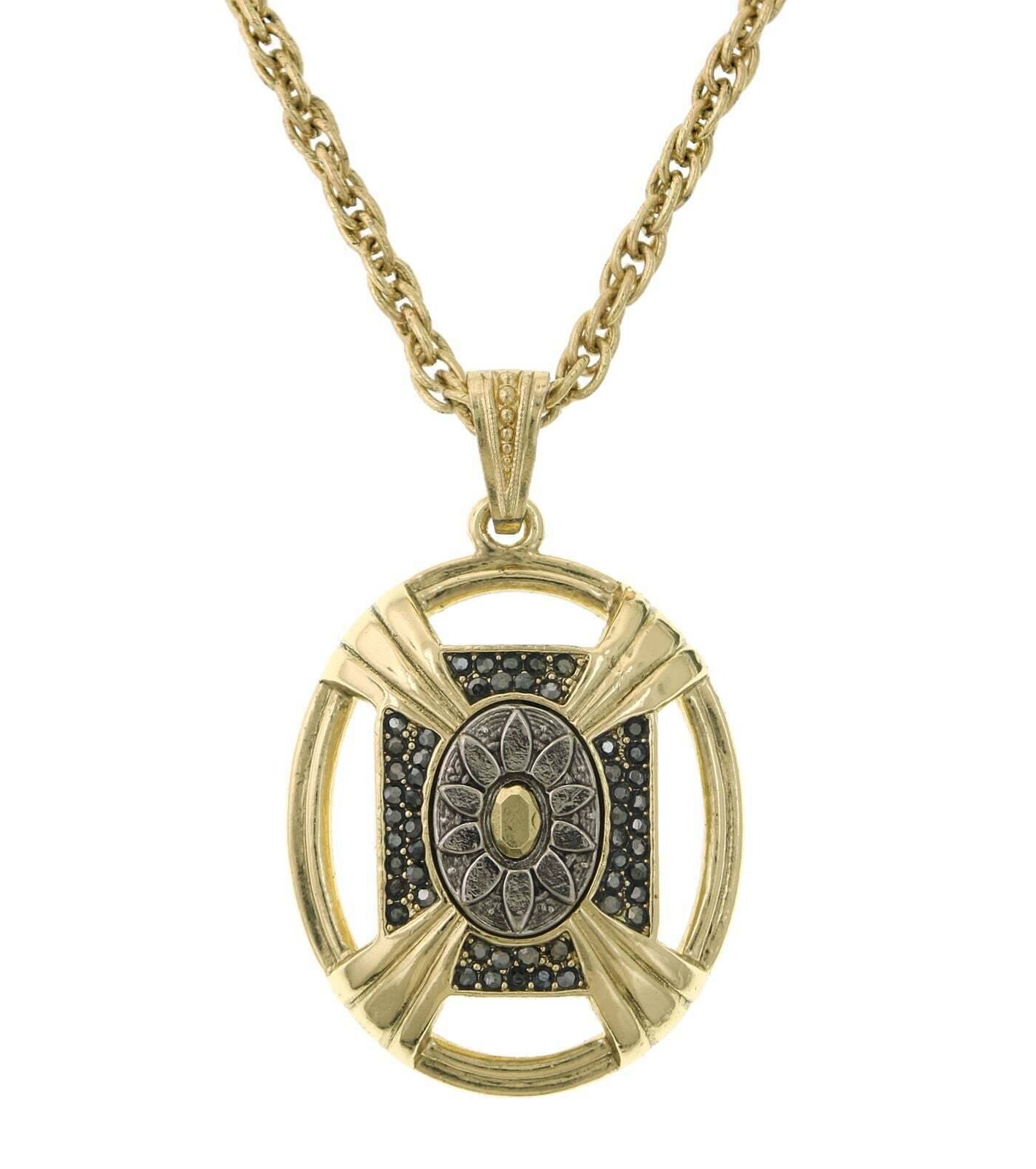 2028 Jewelry Daisy Hematite Crystal Oval Floral Pendant Necklace 32"