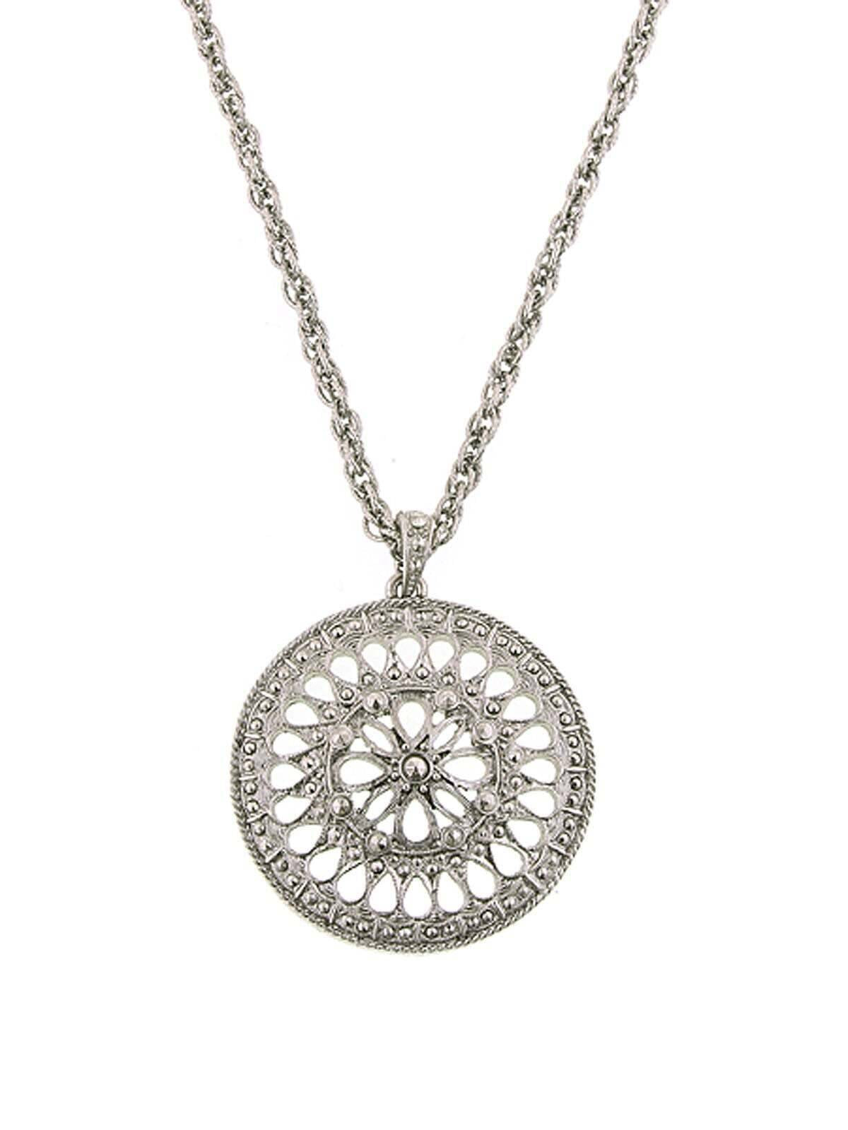 2028 Jewelry Floral Motif Faux Marcasite Stone Pendant Necklace 34"