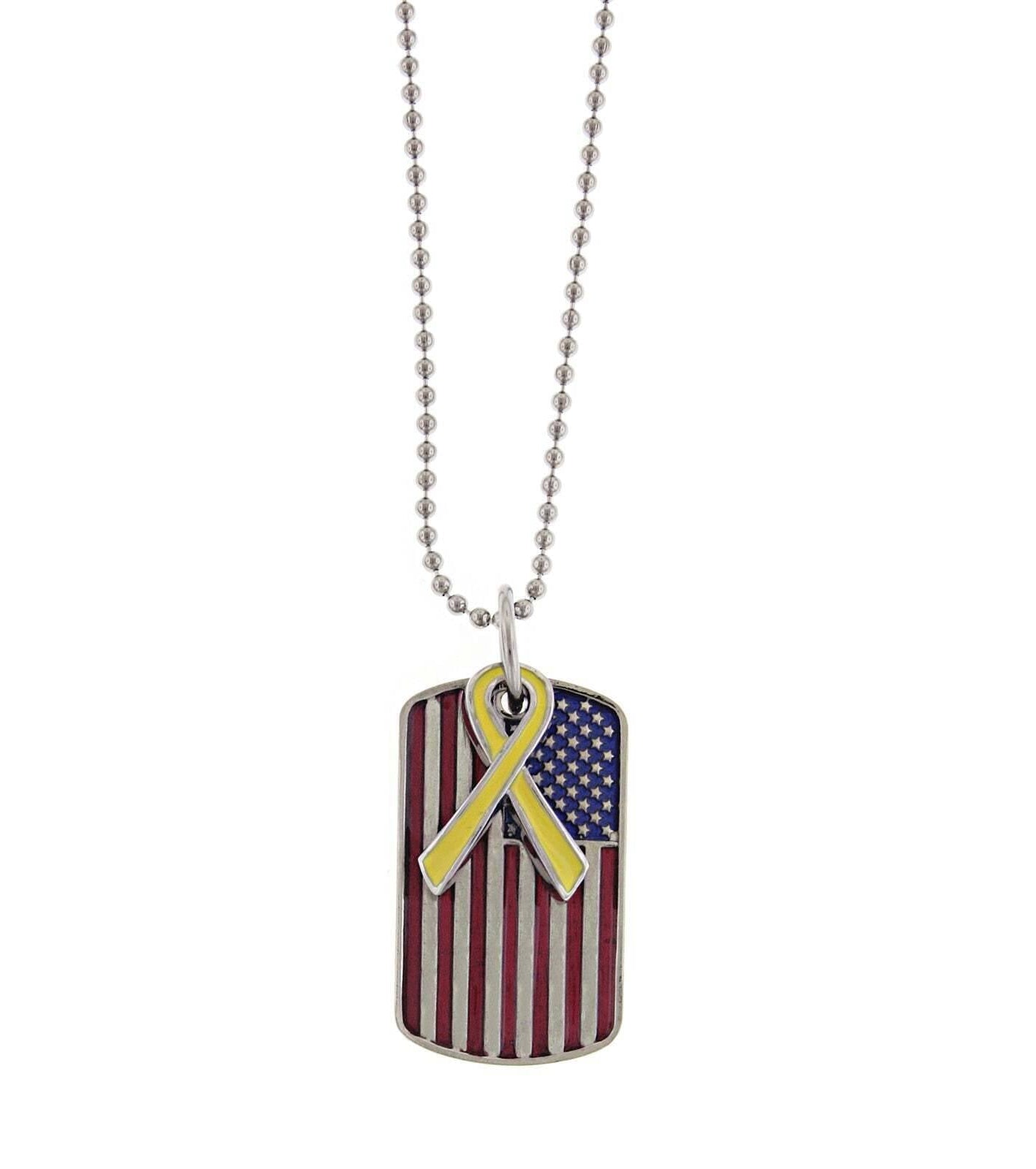 1928 Jewelry American Flag Dog Tag With Yellow Ribbon Pendant Necklace 24"