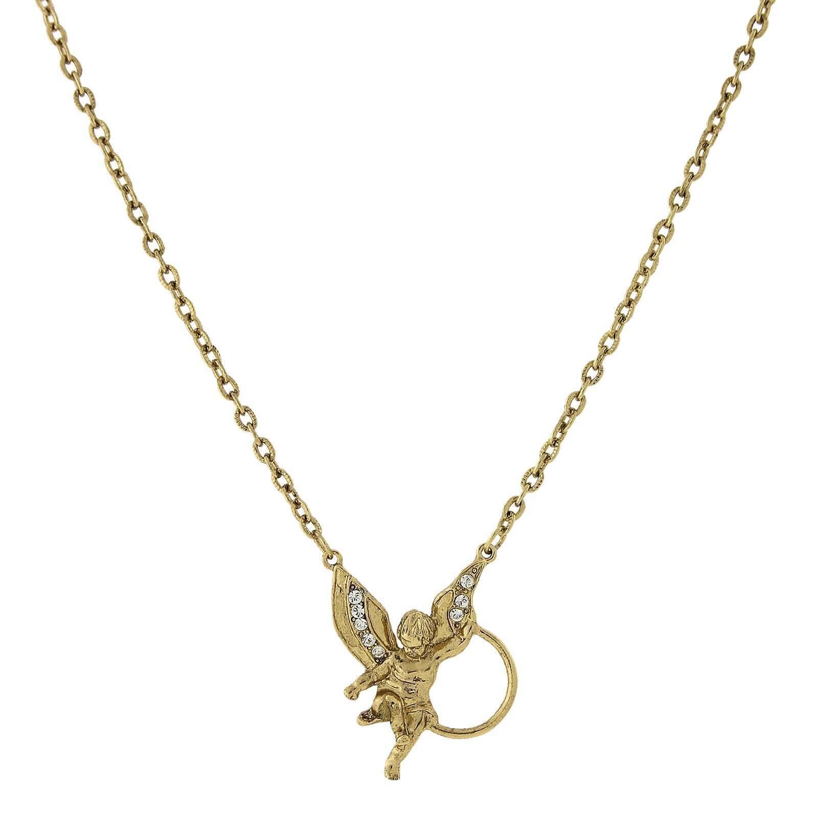 1928 Jewelry Winged Angel Rhinestone Badge & Eyeglass Holder Chain Necklace 28"