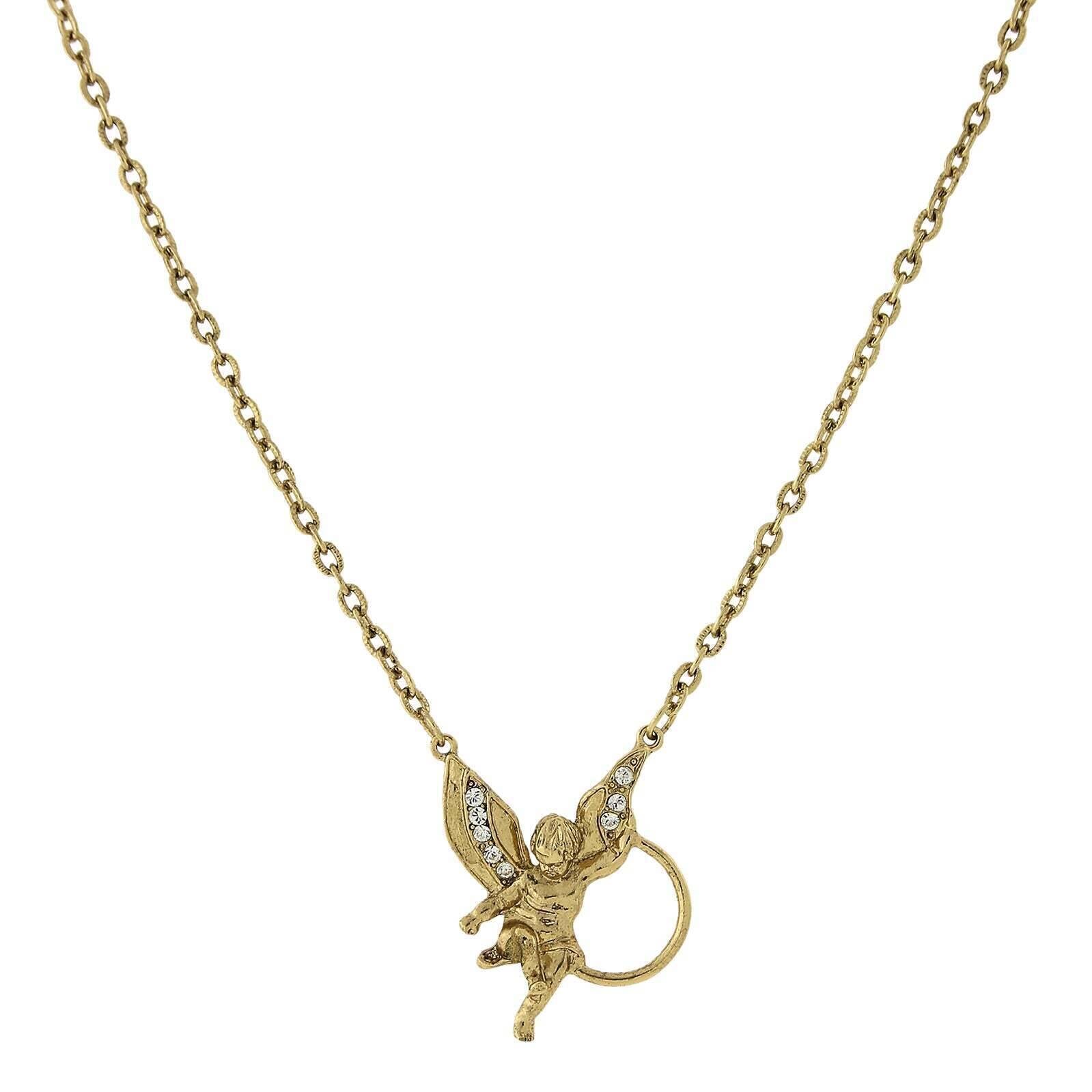 1928 Jewelry Winged Angel Rhinestone Badge & Eyeglass Holder Chain Necklace 28"