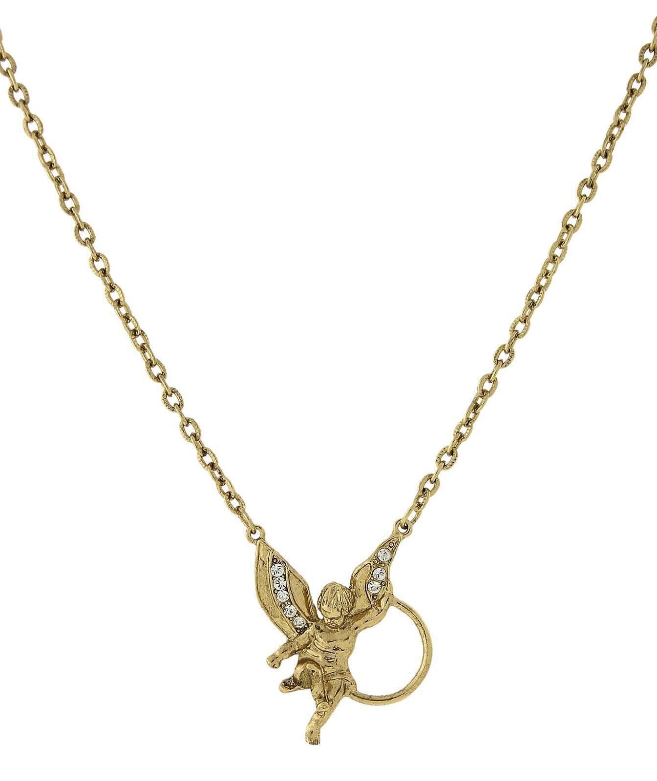 1928 Jewelry Winged Angel Rhinestone Badge & Eyeglass Holder Chain Necklace 28"