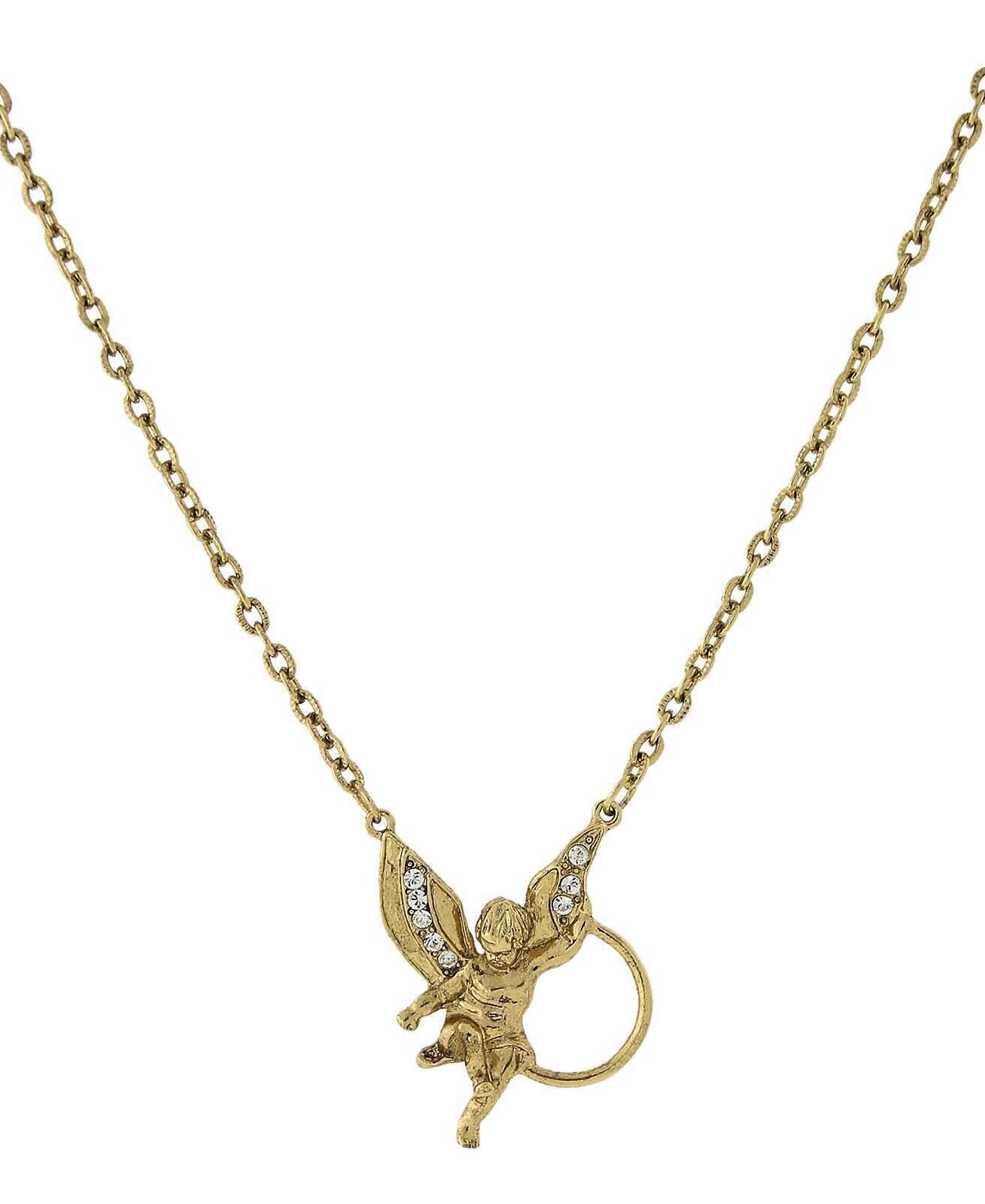 1928 Jewelry Winged Angel Rhinestone Badge & Eyeglass Holder Chain Necklace 28"