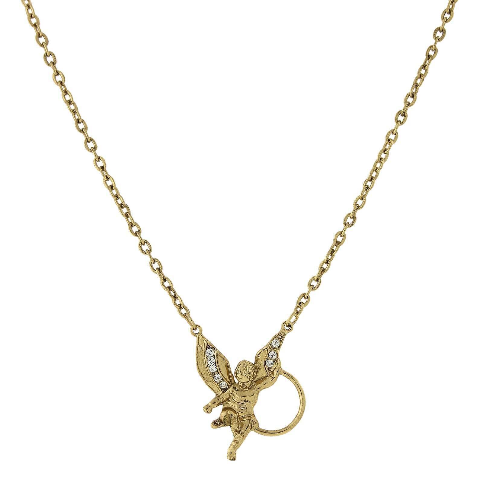 1928 Jewelry Winged Angel Rhinestone Badge & Eyeglass Holder Chain Necklace 28"