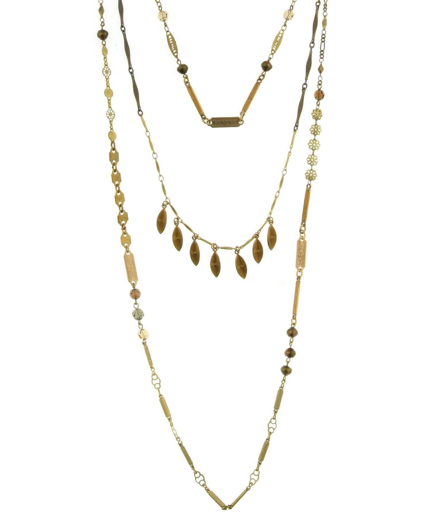 T.R.U. Triple Chain Baroque Glass Faux Pearls & Links Necklace 36"