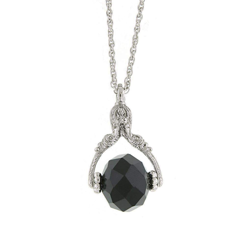 Black Silver Tone Crystal Spinner Necklace 30 Inches