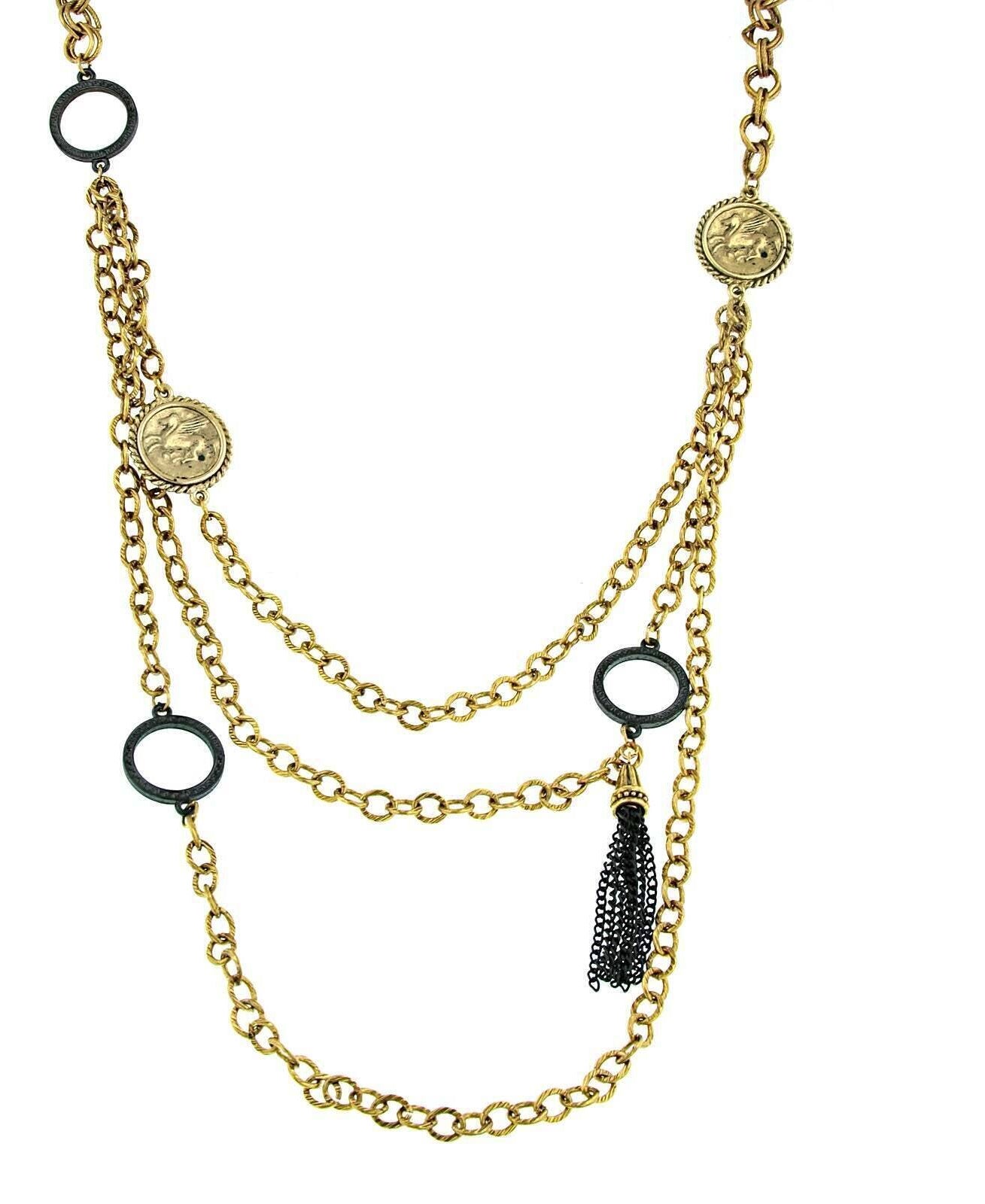 Antiquities Couture Round Black Rings & Gold Pegasus Linking Layered Chain Necklace 30"