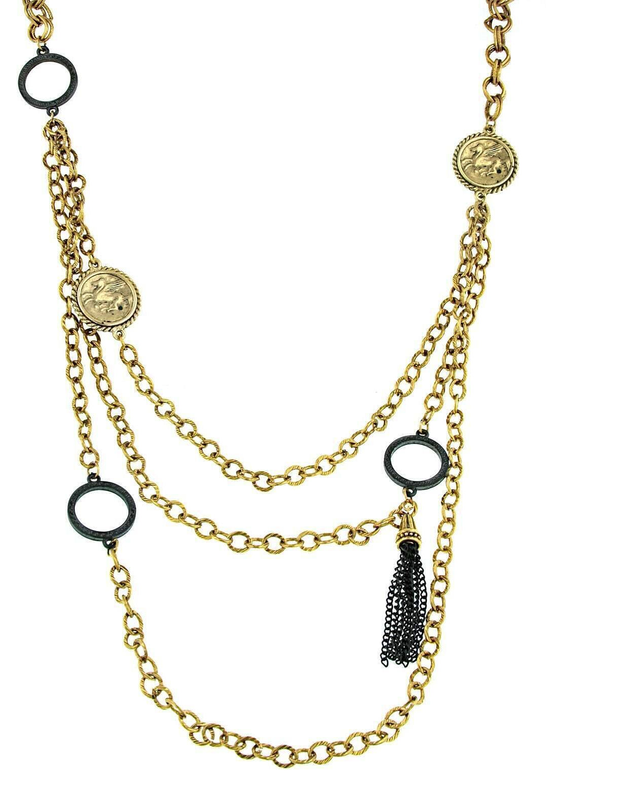 Antiquities Couture Round Black Rings & Gold Pegasus Linking Layered Chain Necklace 30"