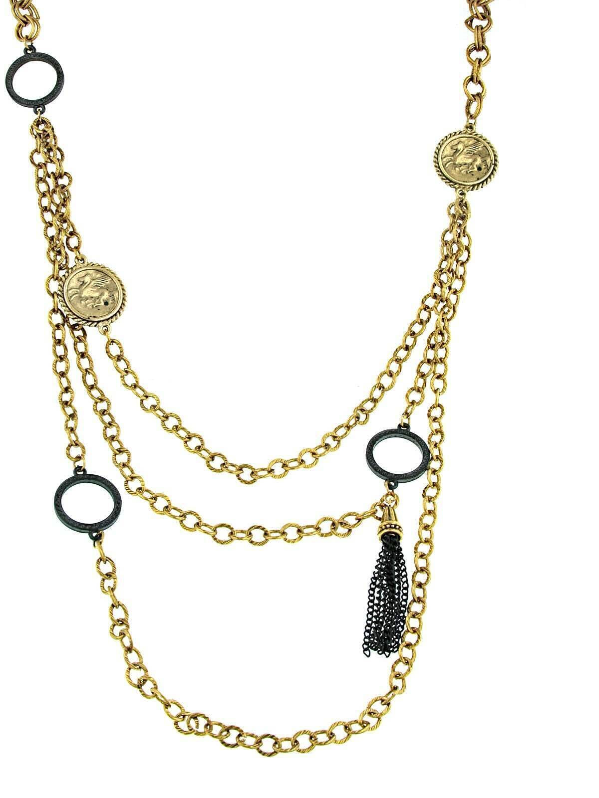 Antiquities Couture Round Black Rings & Gold Pegasus Linking Layered Chain Necklace 30"