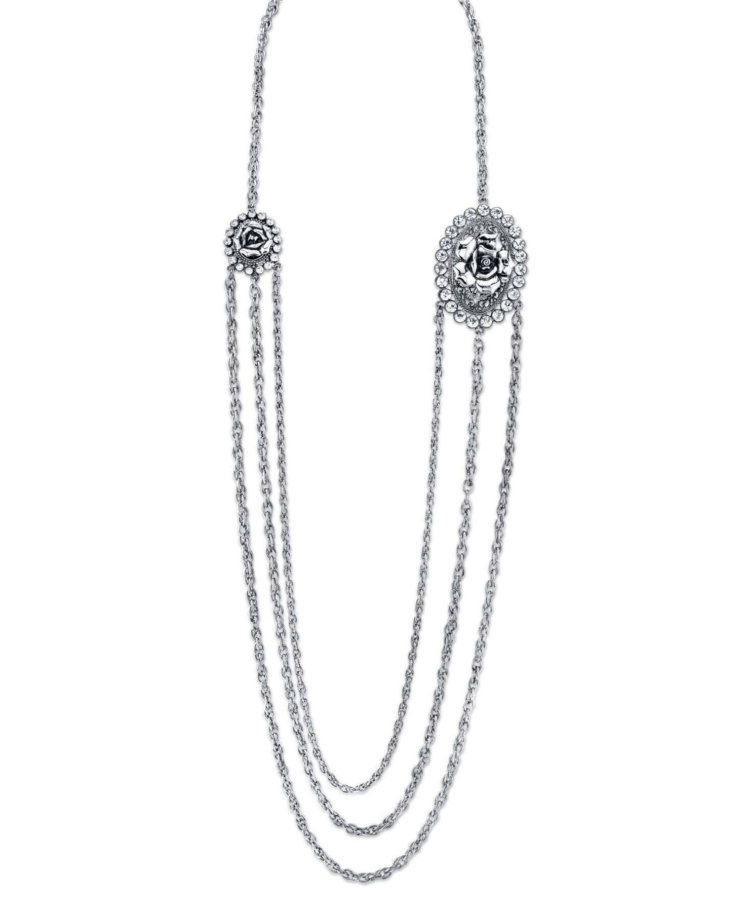 1928 Jewelry Crystal Flower Triple Chain Necklace 30"