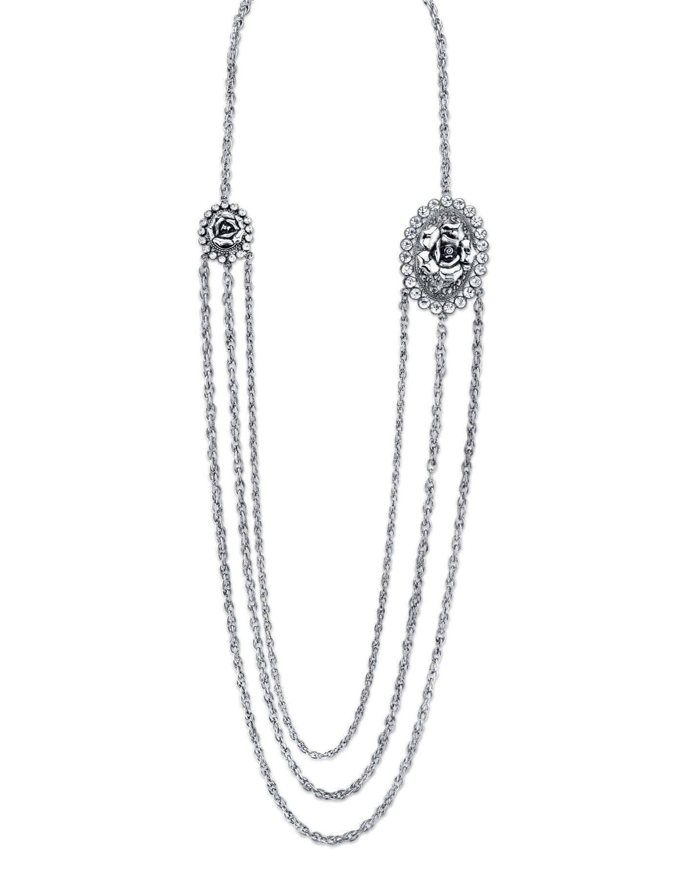 1928 Jewelry Crystal Flower Triple Chain Necklace 30"