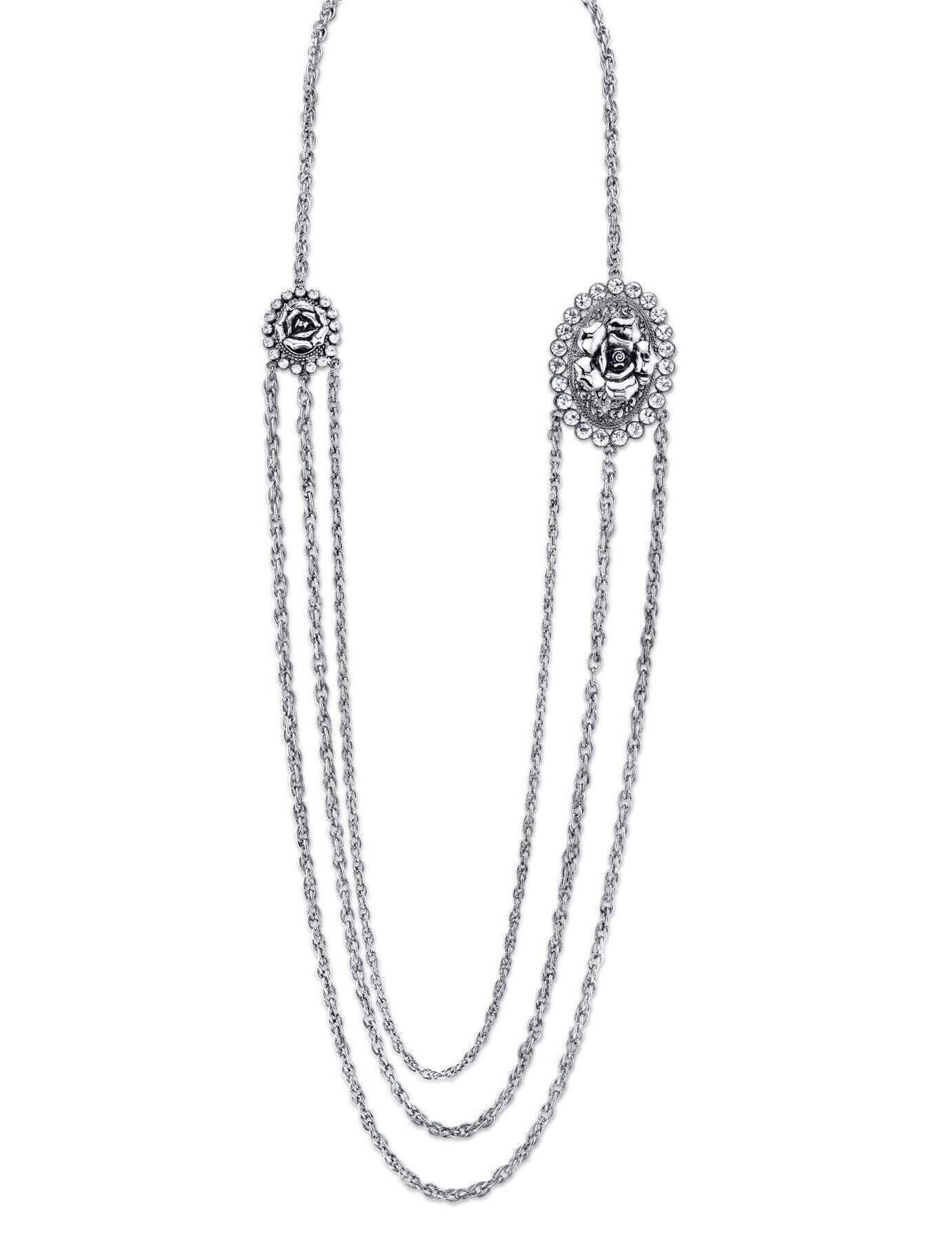 1928 Jewelry Crystal Flower Triple Chain Necklace 30"