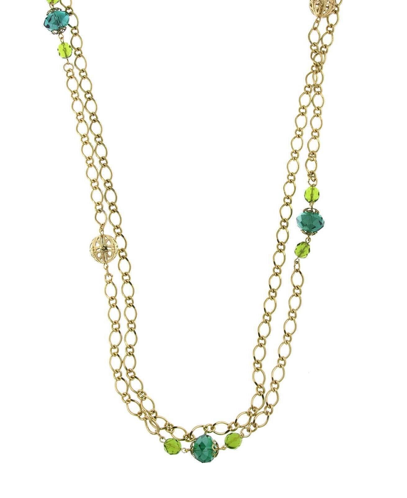1928 Jewelry Green Crystal And Filigree Bead Long Necklace 42"