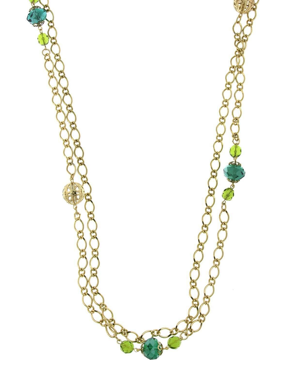 1928 Jewelry Green Crystal And Filigree Bead Long Necklace 42"