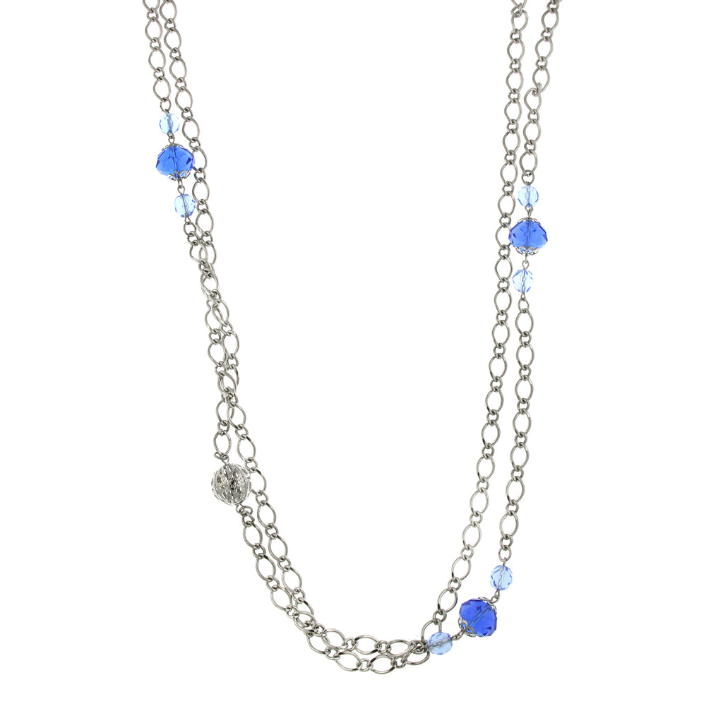 Silver Tone Blue Long Necklace 42 In