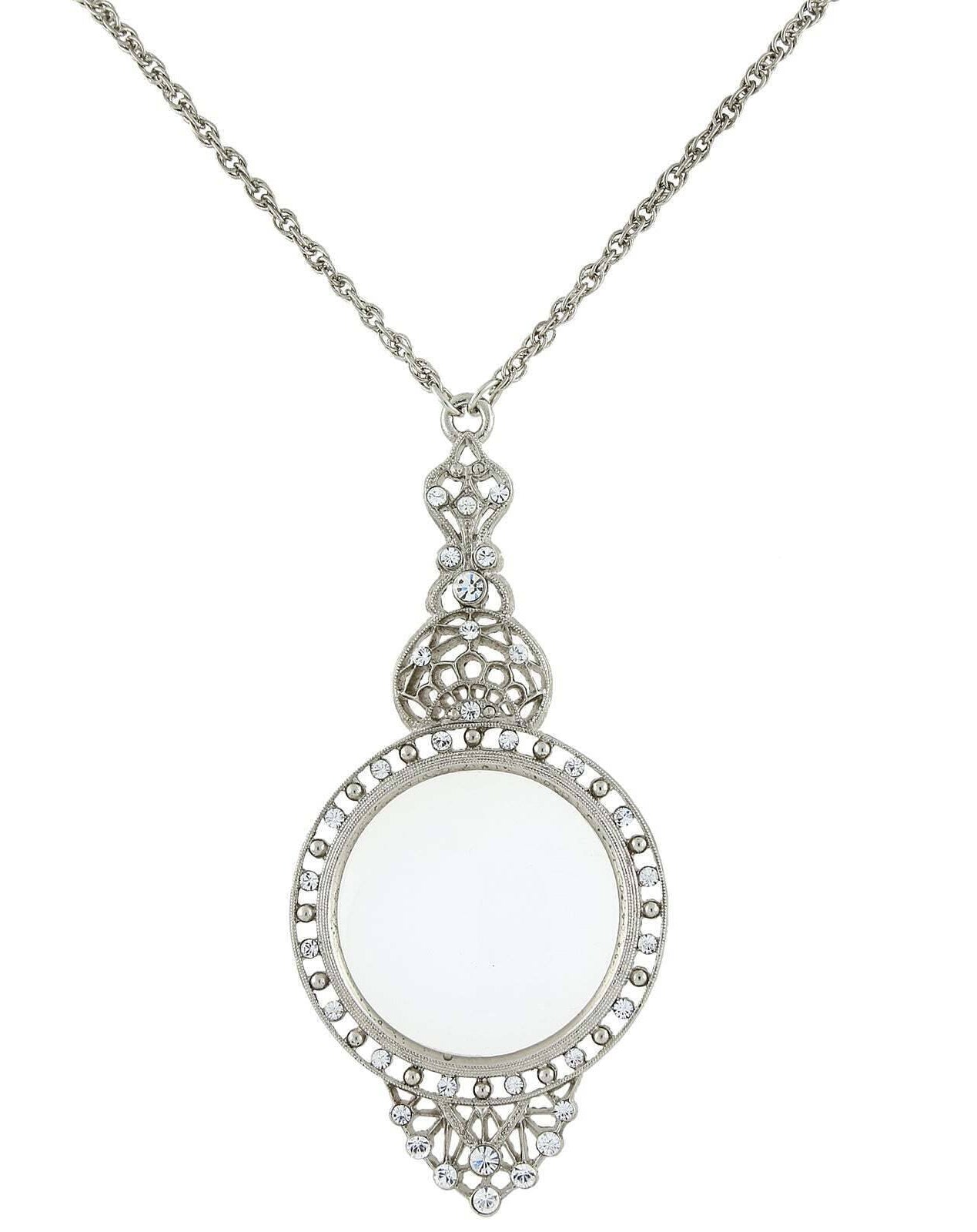 1928 Jewelry Crystal Filigree Magnifying Glass Necklace 30" - Magnification Power: 2X