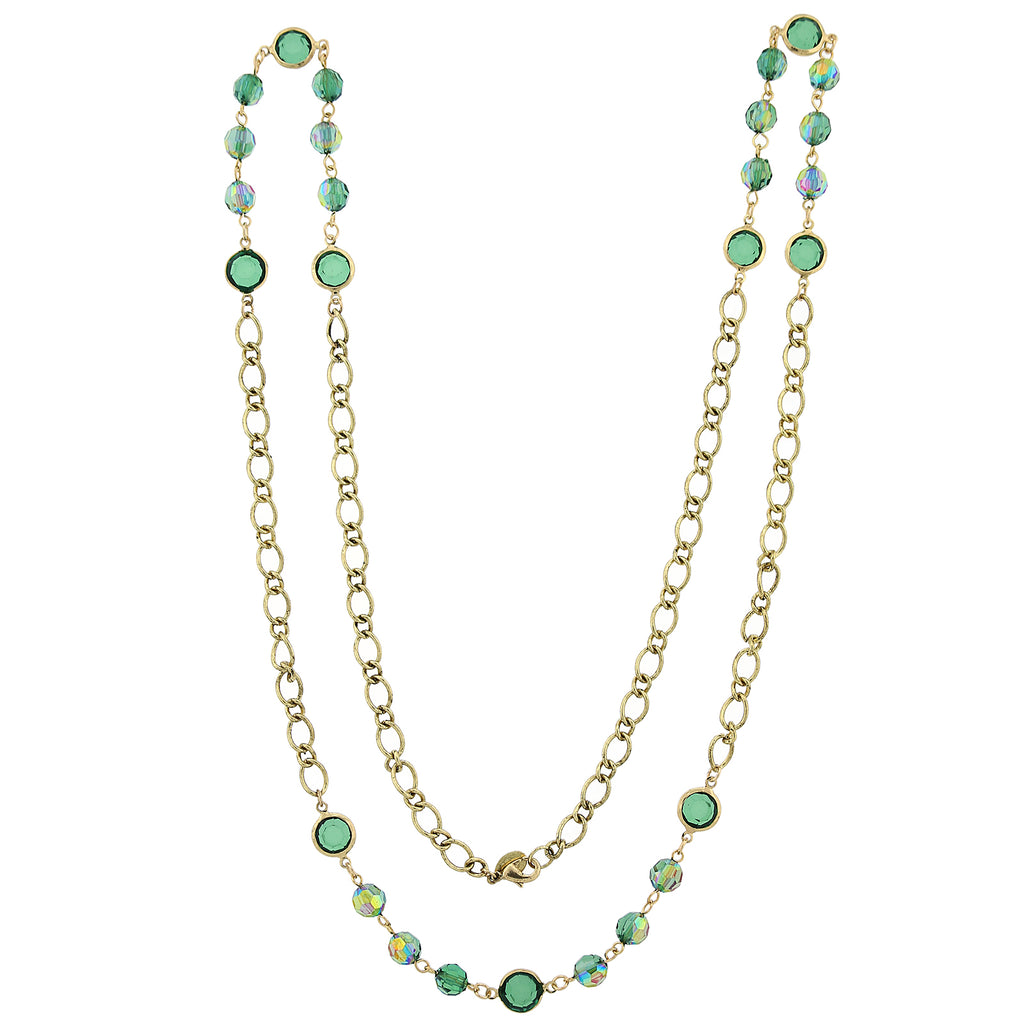 Gold Tone Emerald Green AB Long Strand Necklace 40