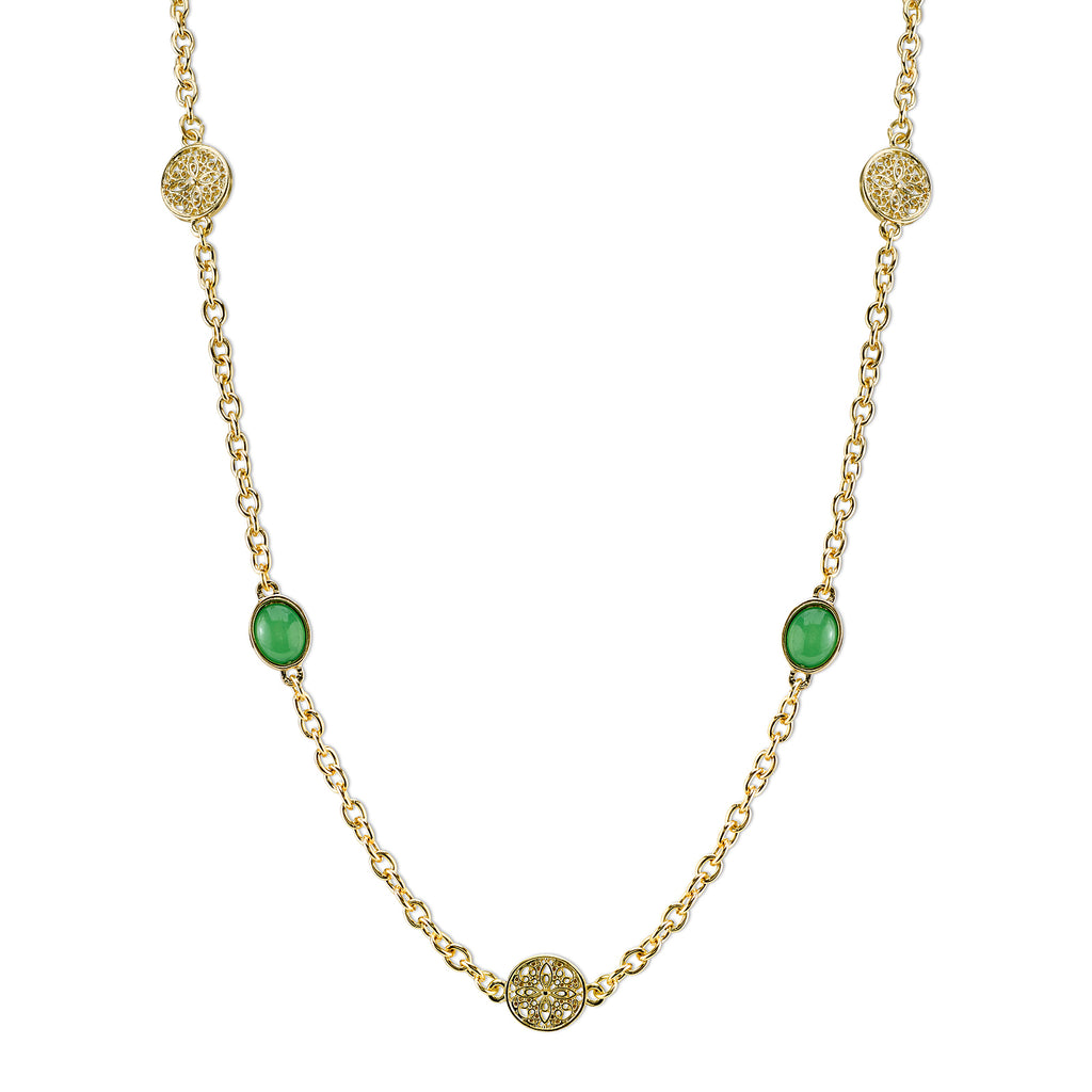 Gold Tone Green Single Strand Necklace 42 In