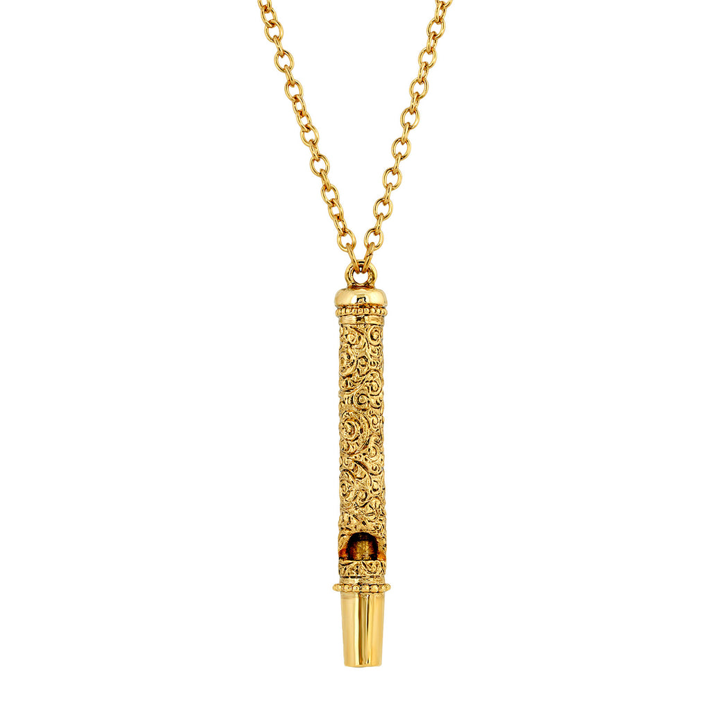Antiqued Gold Tone Whistle Pendant Necklace