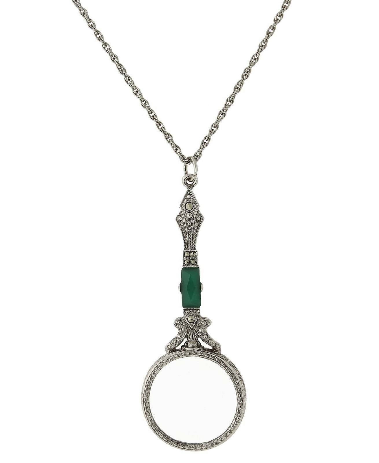 1928 Jewelry Deco Marcasite Baguette Stone Round Magnifying Glass Necklace 28" - Magnification Power: 6-7X